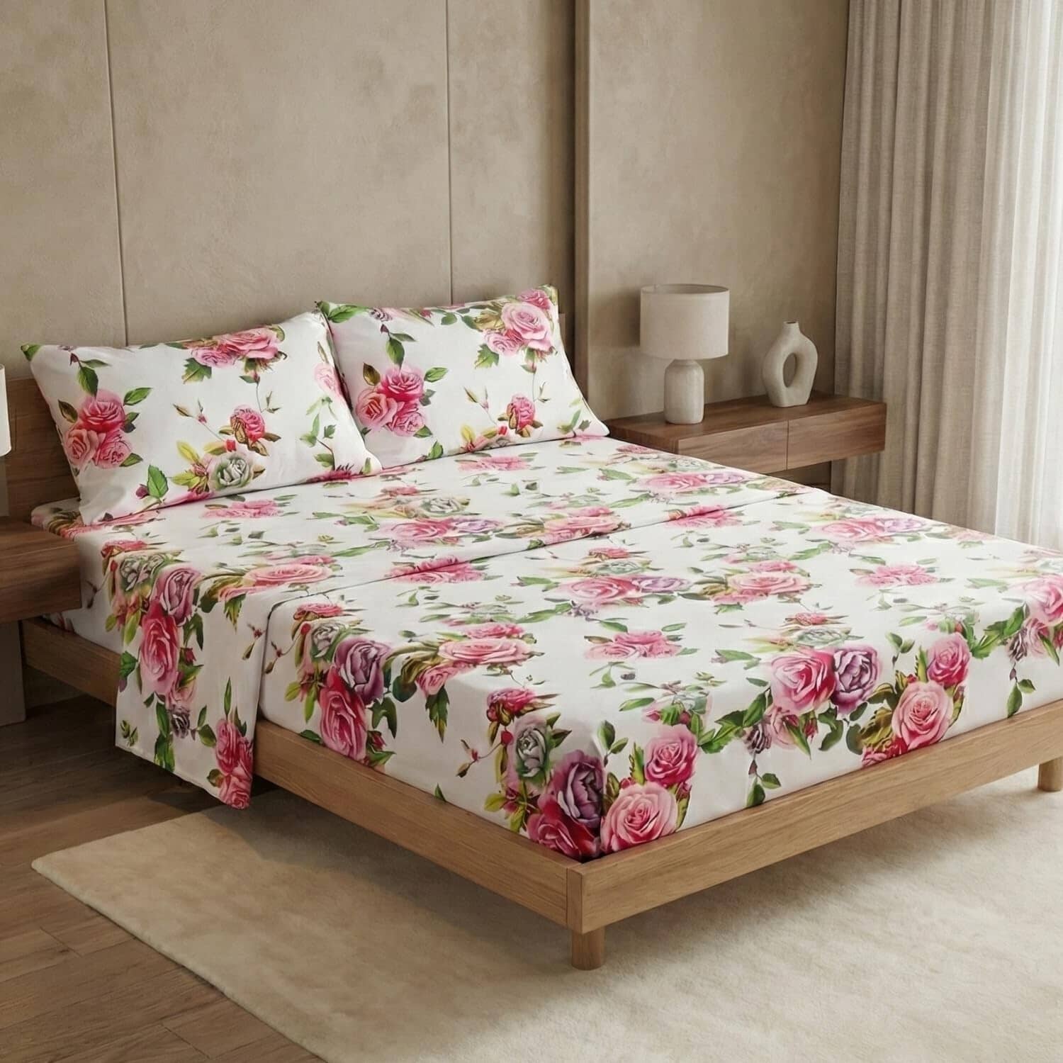 DaDa Bedding Romantic Roses Lovely Spring Pink Floral Garden Fitted & Flat Bed Sheet Set w/ Pillow Cases (JHW879)