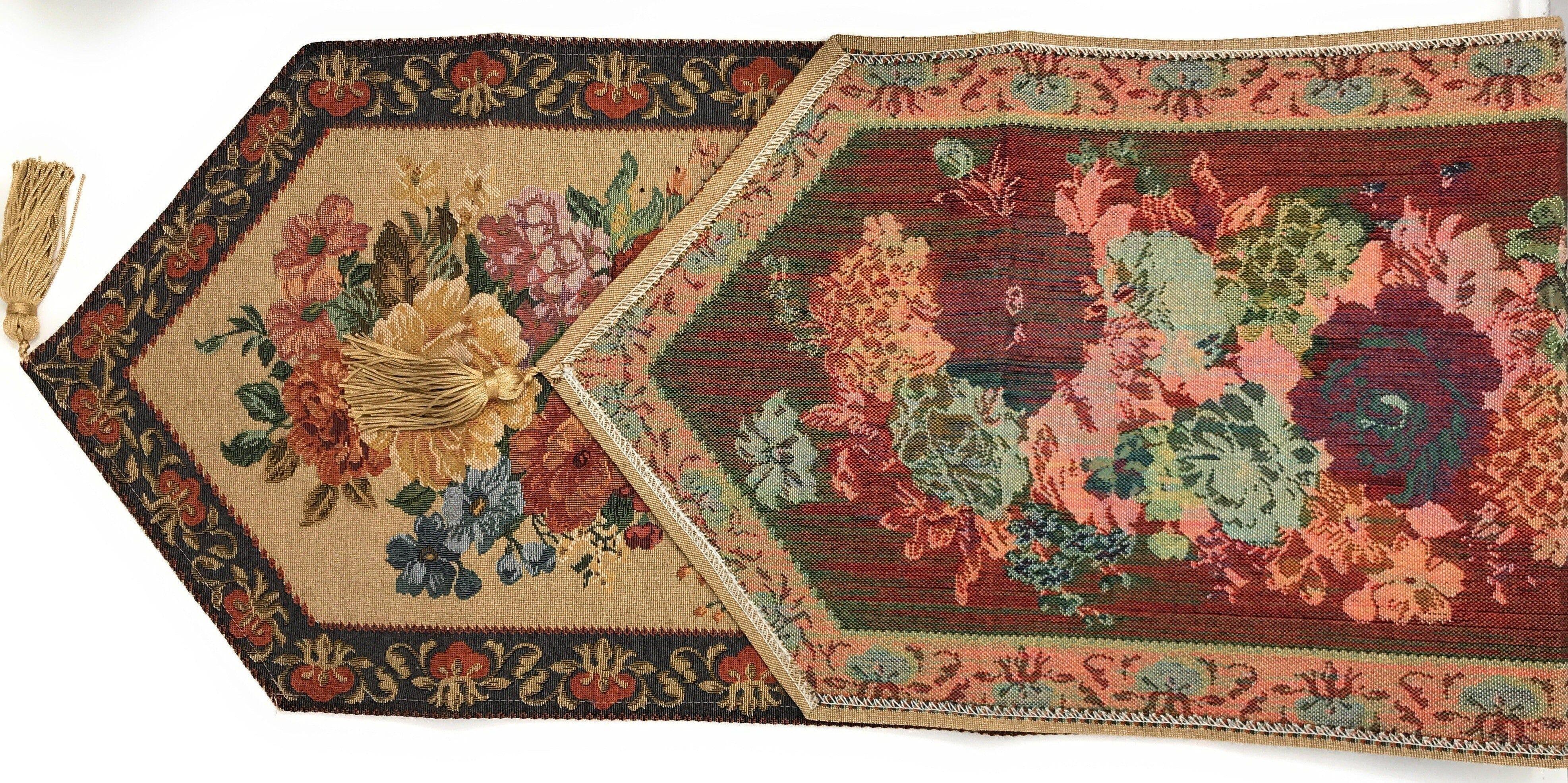 DaDa Bedding Set of 3-Pieces - Breath of Spring Floral Beige Woven Dining Tapestry Table Runners (3089)