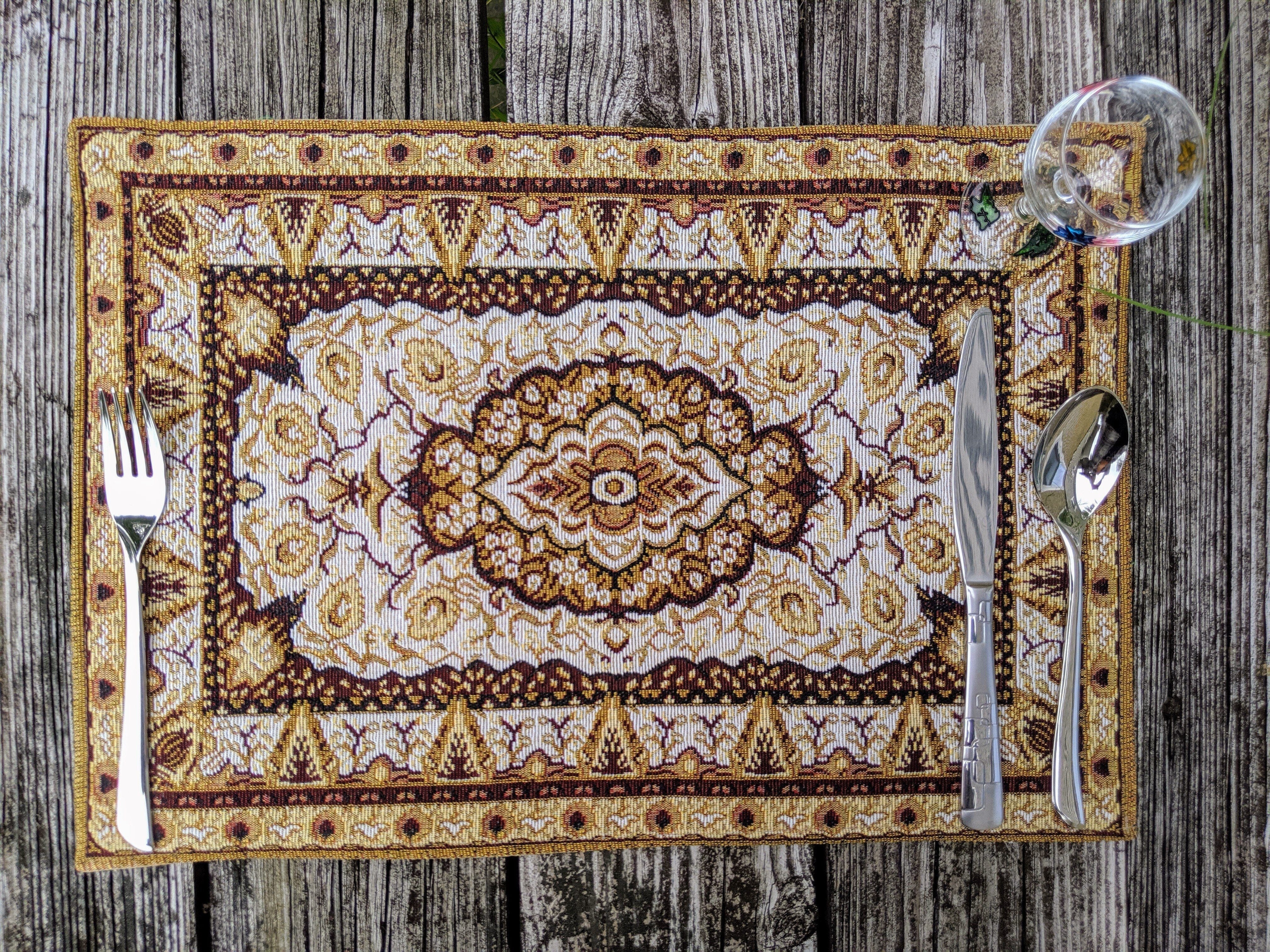 DaDa Bedding Set of 4-6 Pieces Royal Persian Style Rug Golden Brown Floral Tapestry Placemats 13” x 19” (18119)