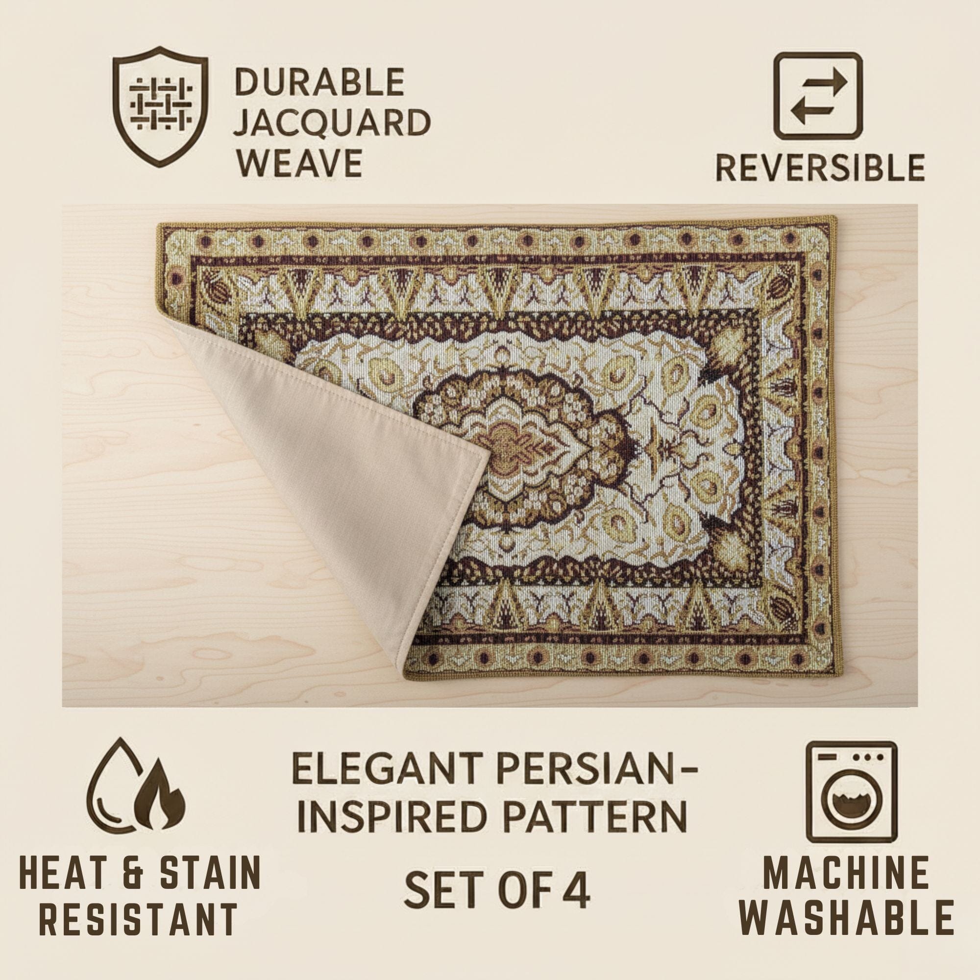 DaDa Bedding Set of 4-6 Pieces Royal Persian Style Rug Golden Brown Floral Tapestry Placemats 13” x 19” (18119)