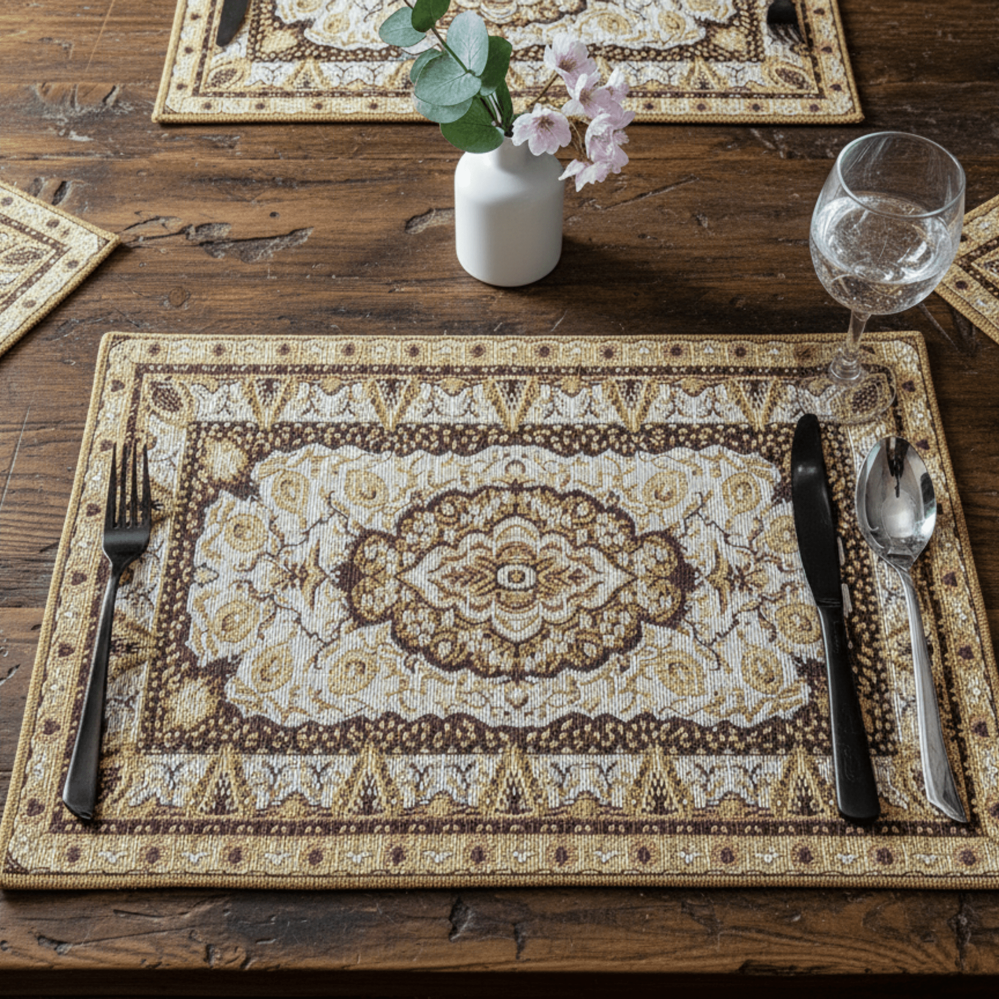 DaDa Bedding Set of 4-6 Pieces Royal Persian Style Rug Golden Brown Floral Tapestry Placemats 13” x 19” (18119)