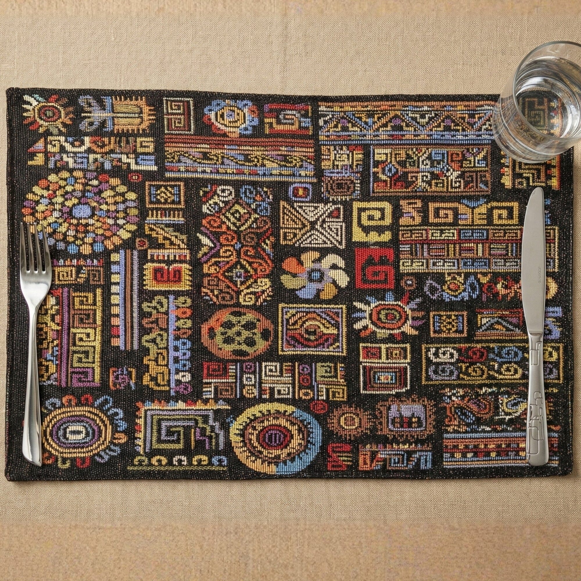 DaDa Bedding Set of 4-Pieces Ethnic Ornaments Geometric Black Tapestry Dining Placemats 13” x 19” (18118)