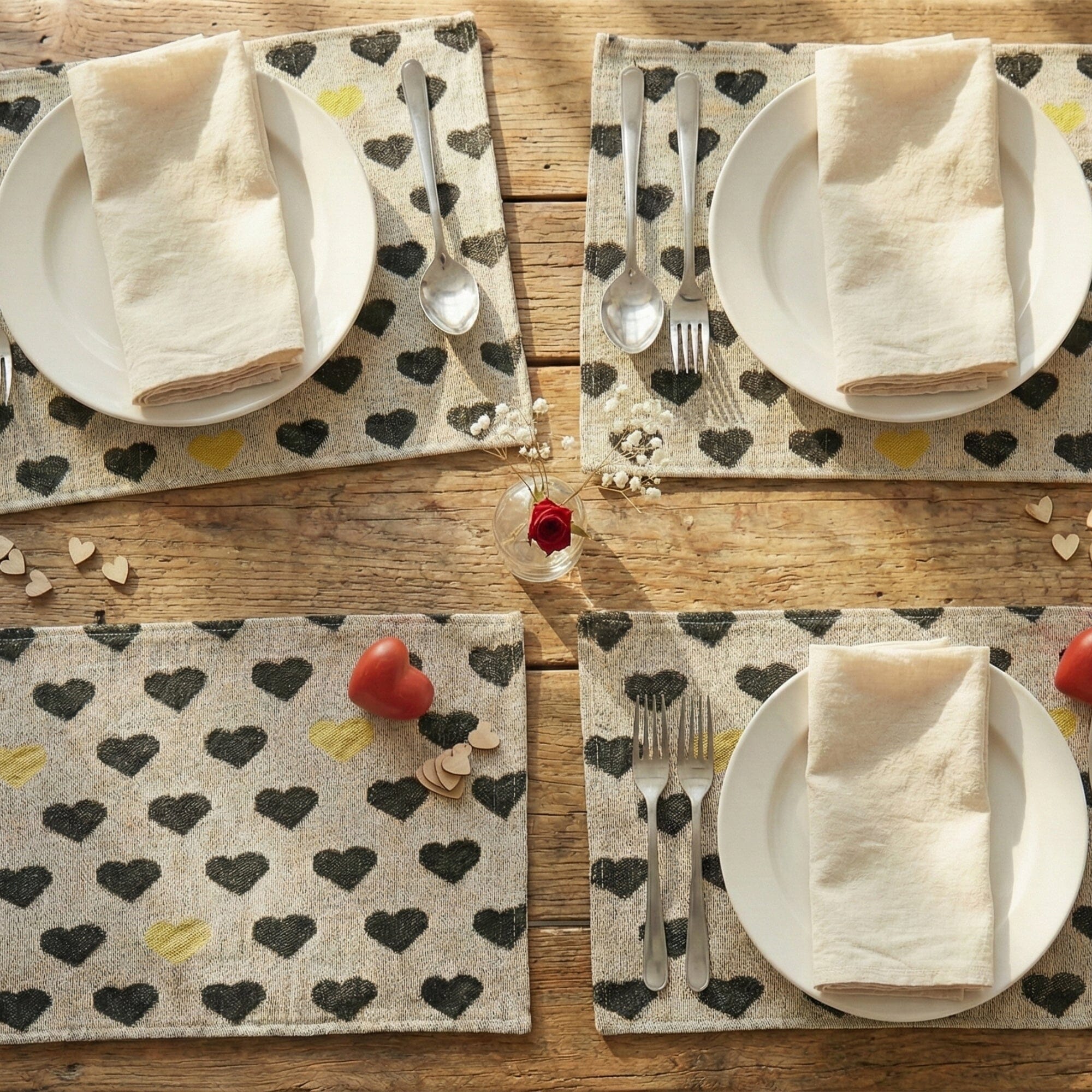 DaDa Bedding Set of 4-Pieces Lovely Yellow & Black Hearts Tapestry Dining Table Placemats 13” x 19” (18113)