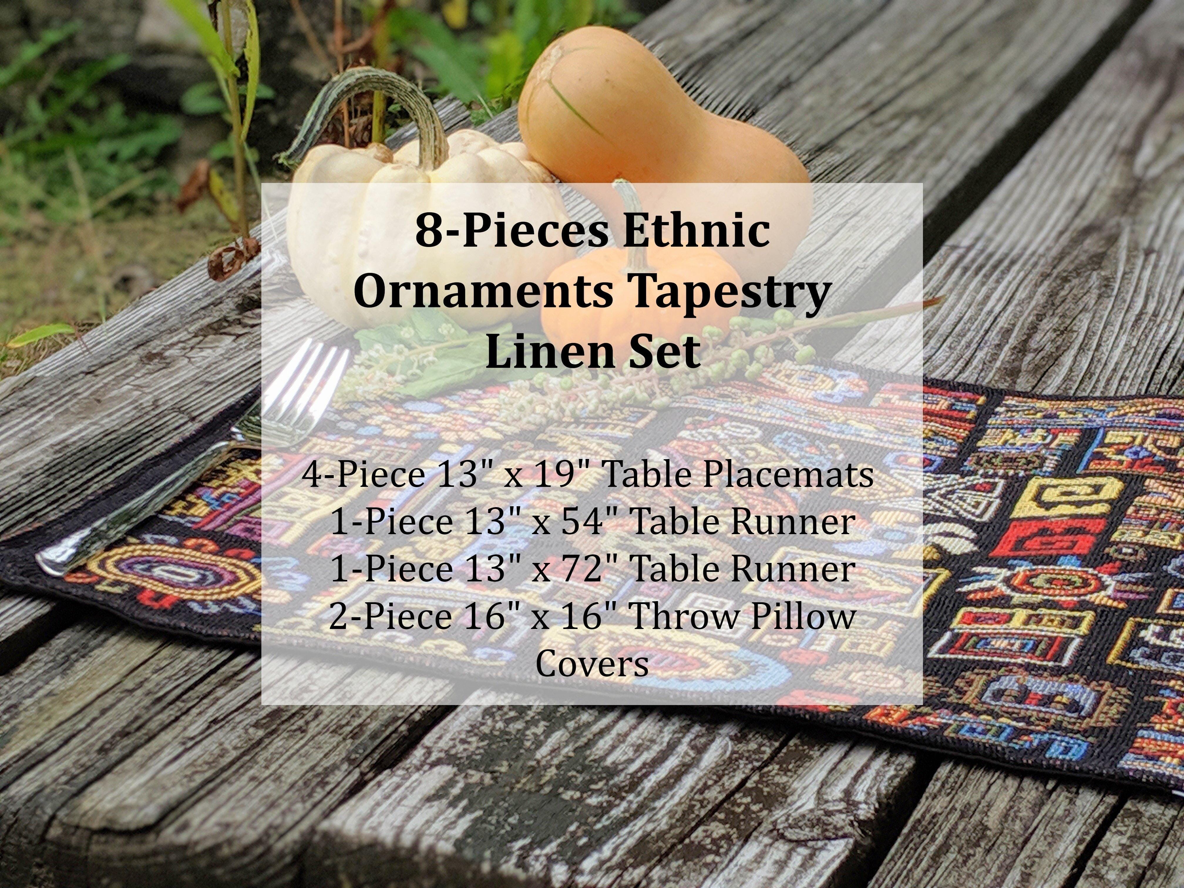 DaDa Bedding Set of 8 Pieces Ethnic Ornaments Table Woven Black Tapestry - 4 Placemats, 2 Table Runners, 2 Throw Pillow Covers (18118)