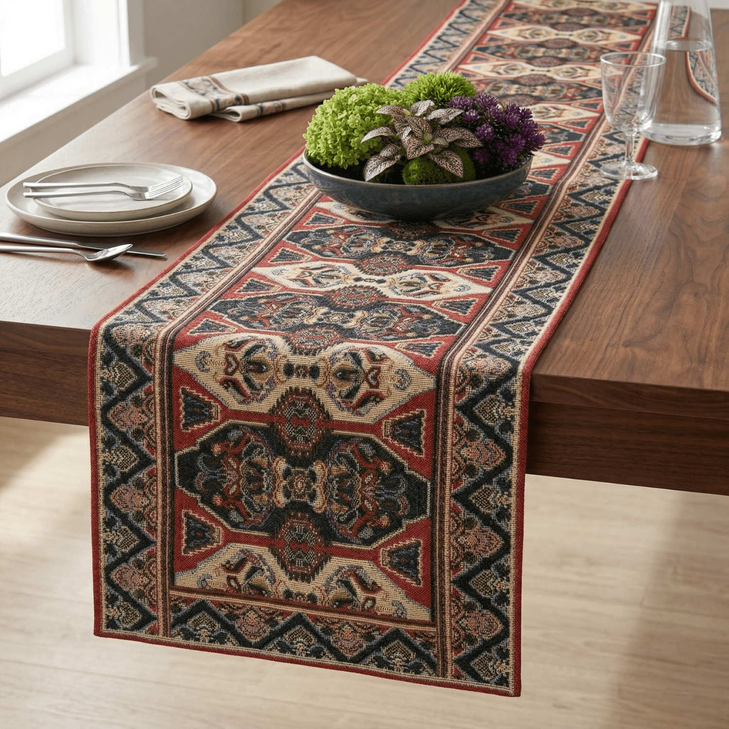 DaDalogy Elegant Majestic Kilim Red Persian Rug Ornate Floral Woven Tapestry Table Runner (18195)