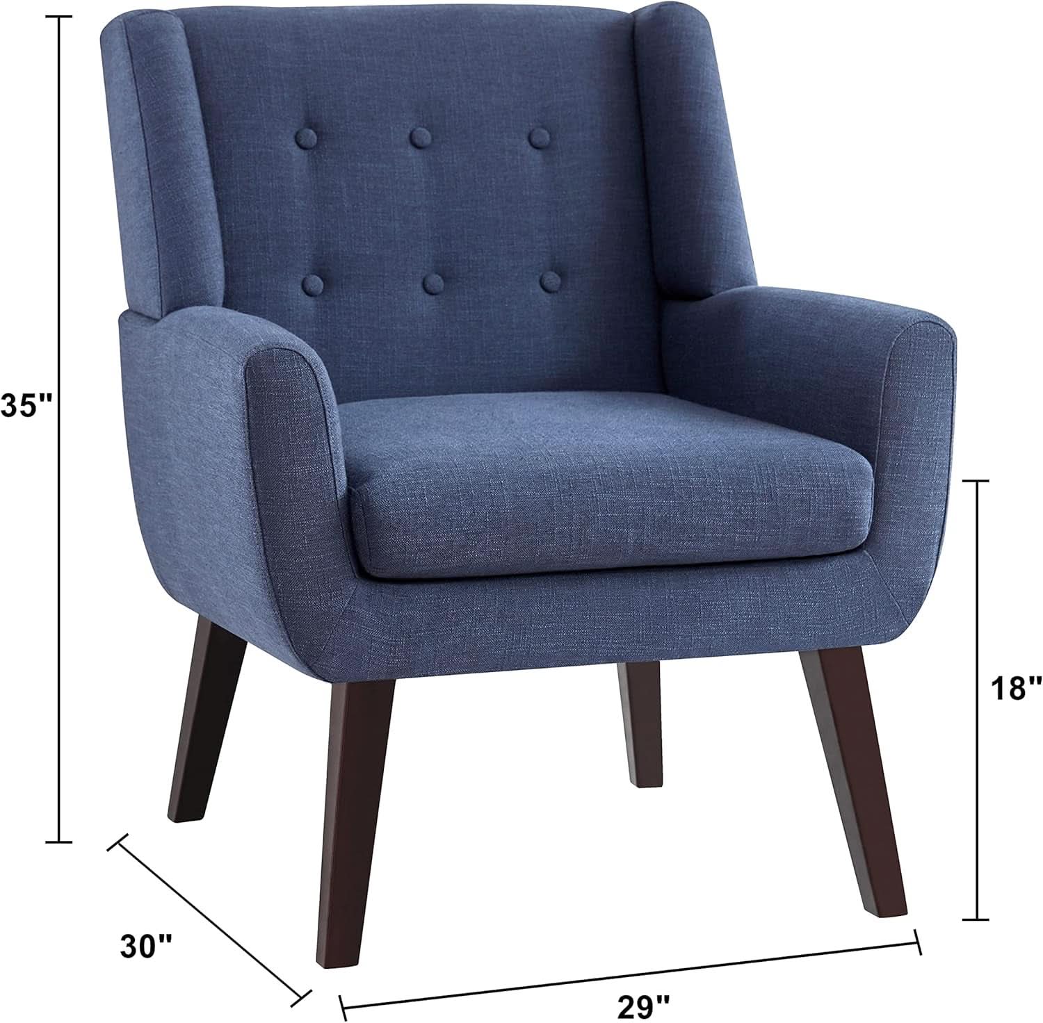 Dark Blue Linen Upholstered Tufted Midcentury Armchair