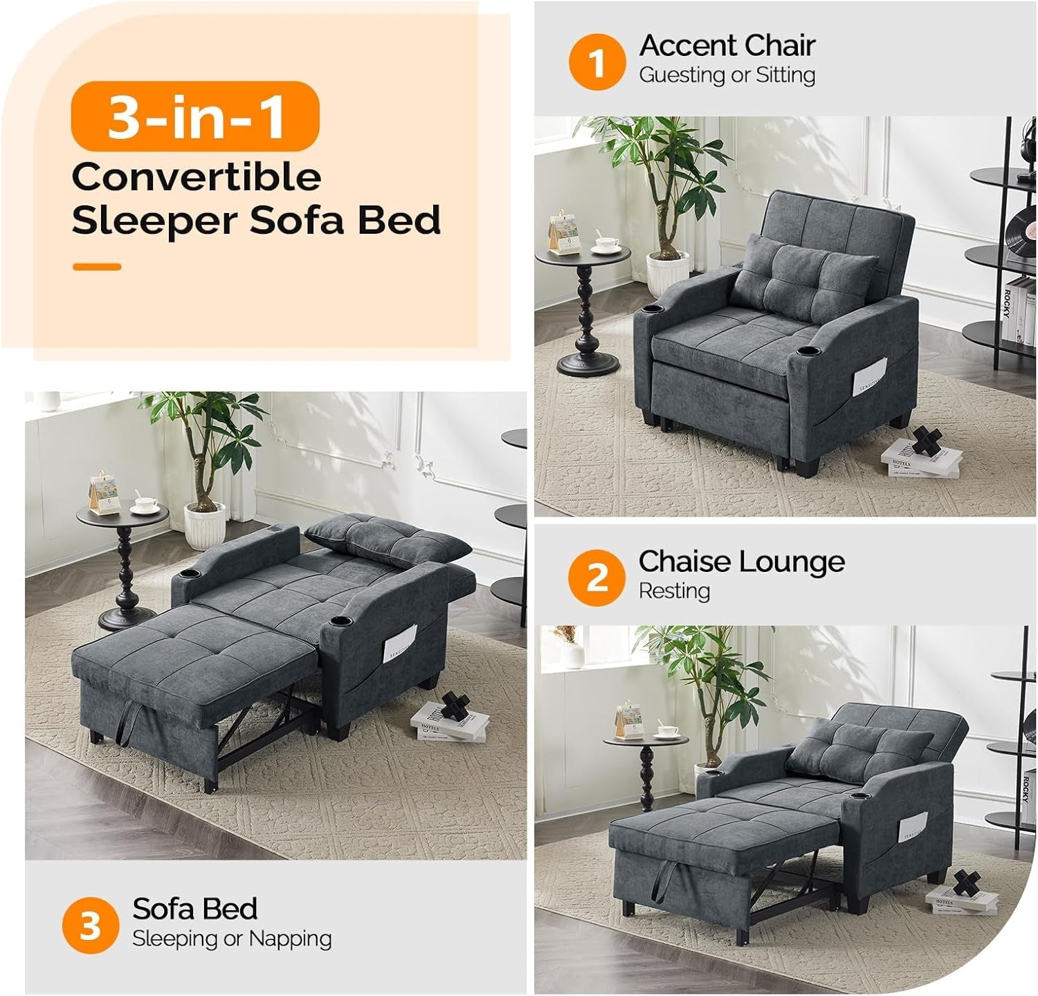 Dark Gray ThreeInOne Sofa Bed Chair Recliner With USB Ports