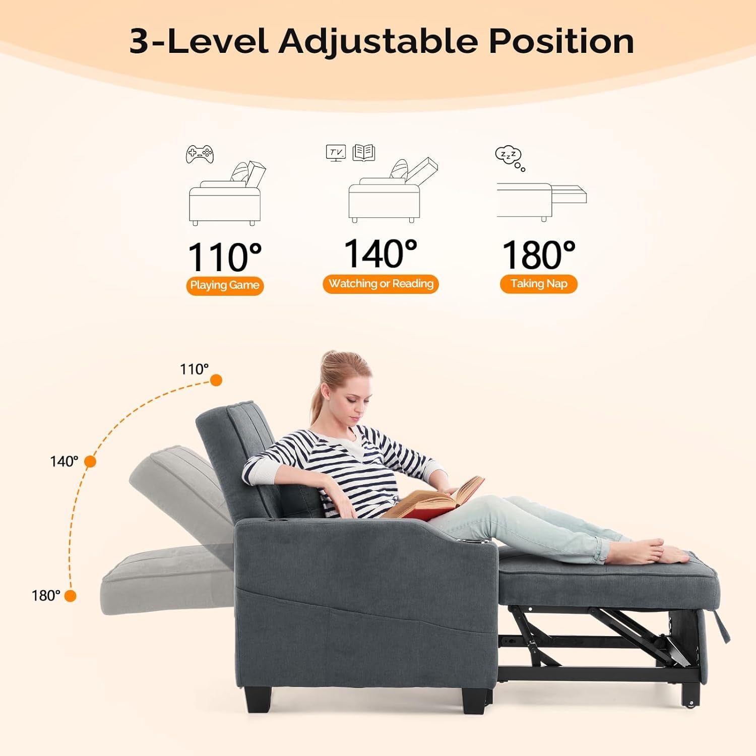 Dark Gray ThreeInOne Sofa Bed Chair Recliner With USB Ports