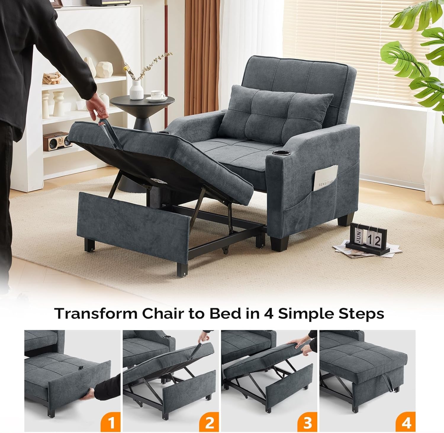 Dark Gray ThreeInOne Sofa Bed Chair Recliner With USB Ports