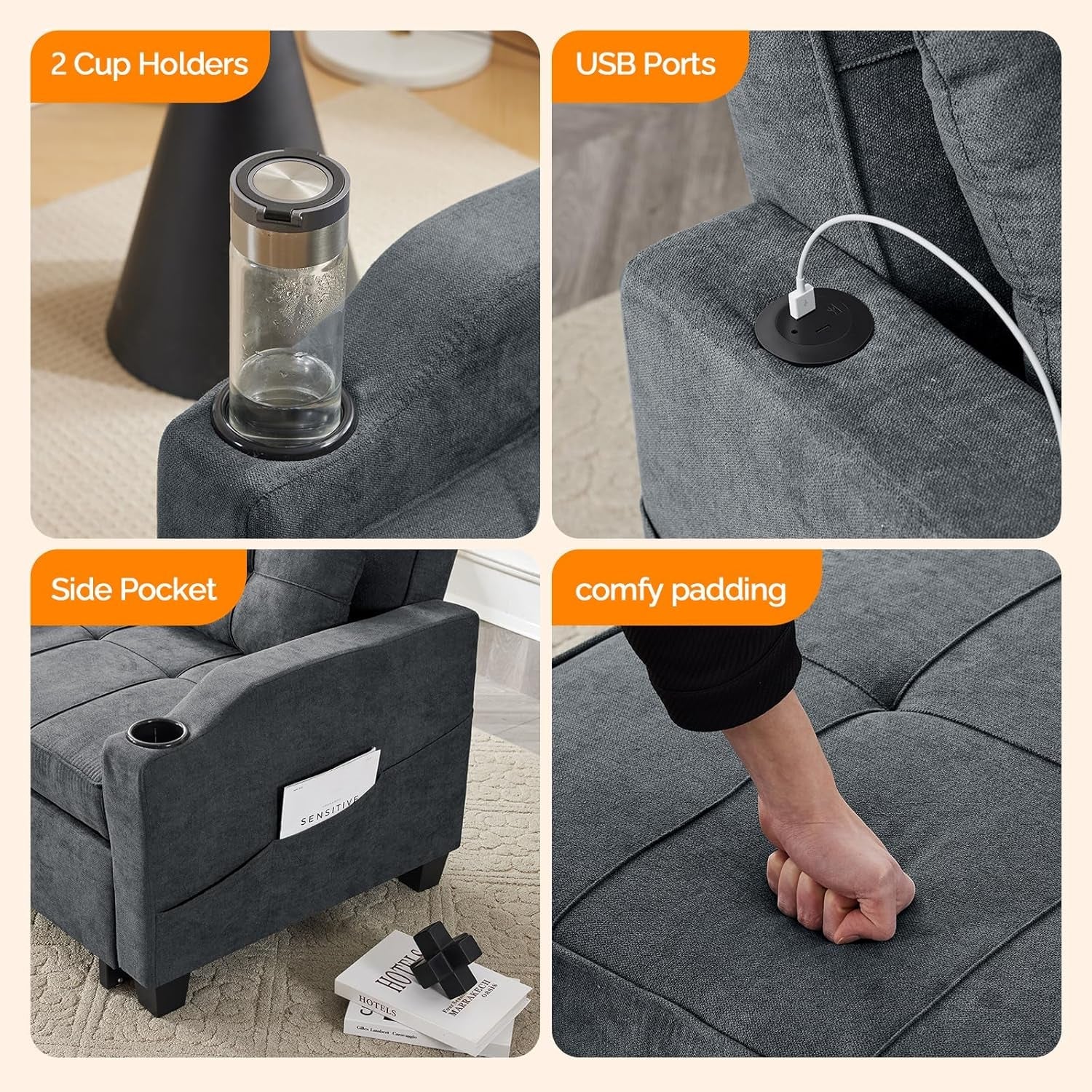 Dark Gray ThreeInOne Sofa Bed Chair Recliner With USB Ports