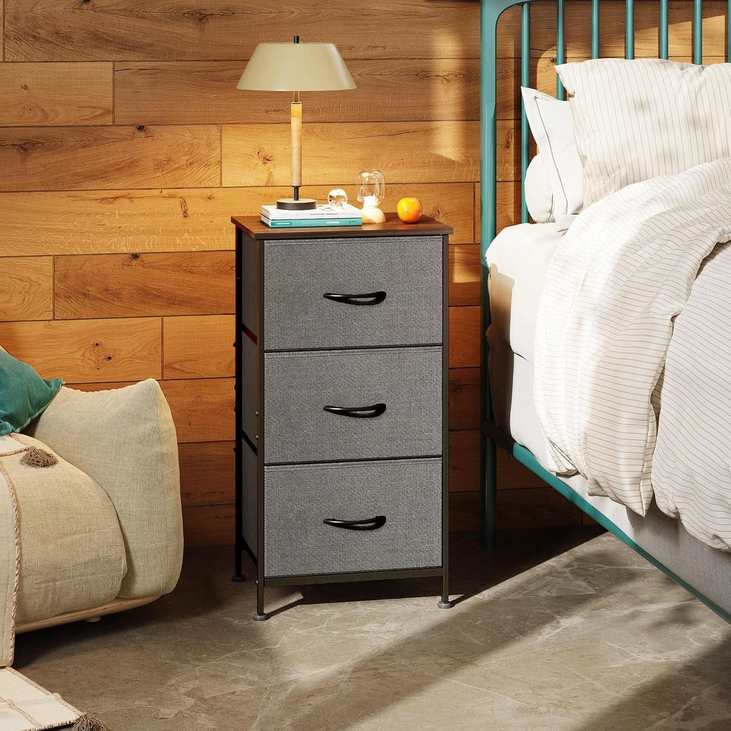 Dark Grey Dresser With 3 Drawers, Steel Frame, Wood Top