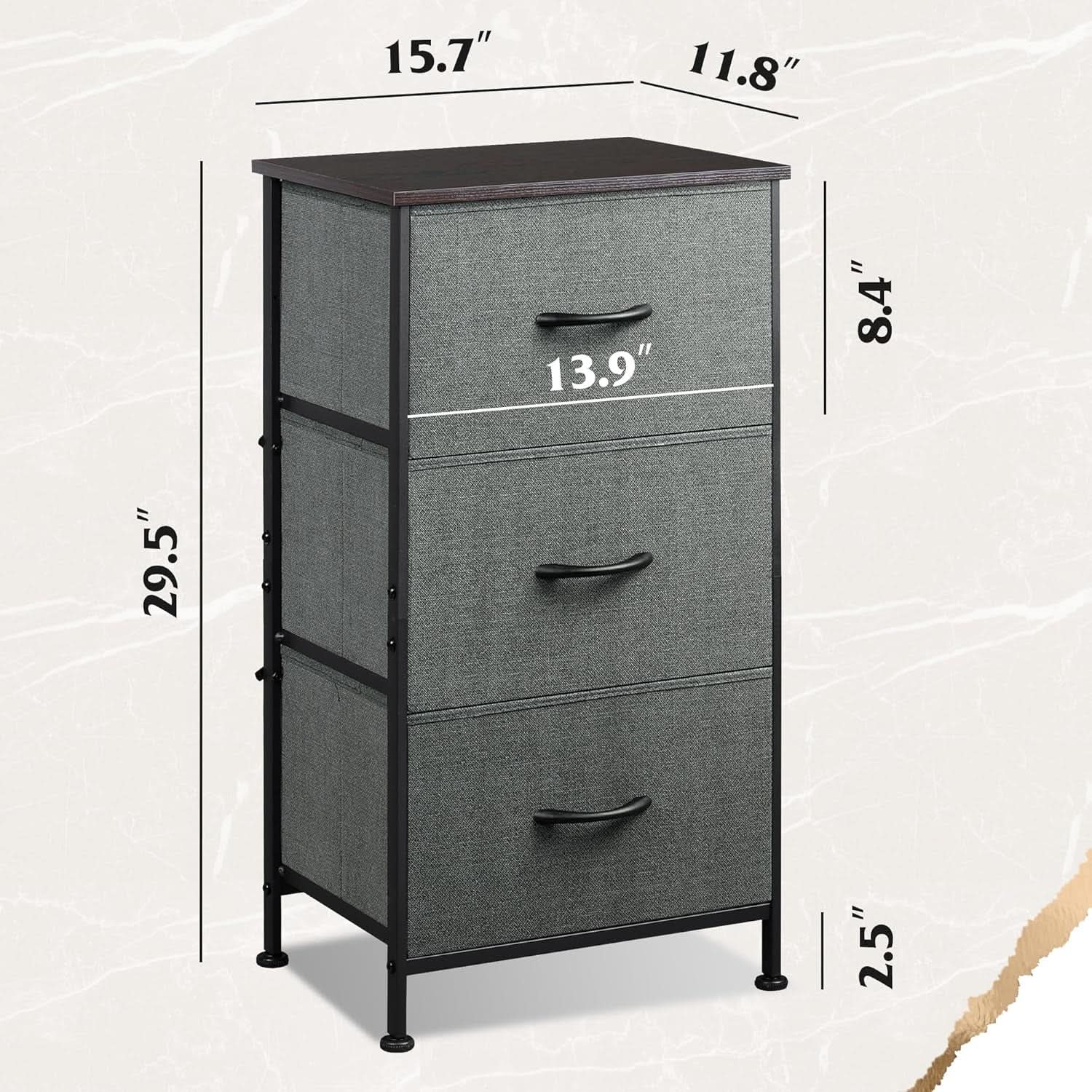 Dark Grey Dresser With 3 Drawers, Steel Frame, Wood Top