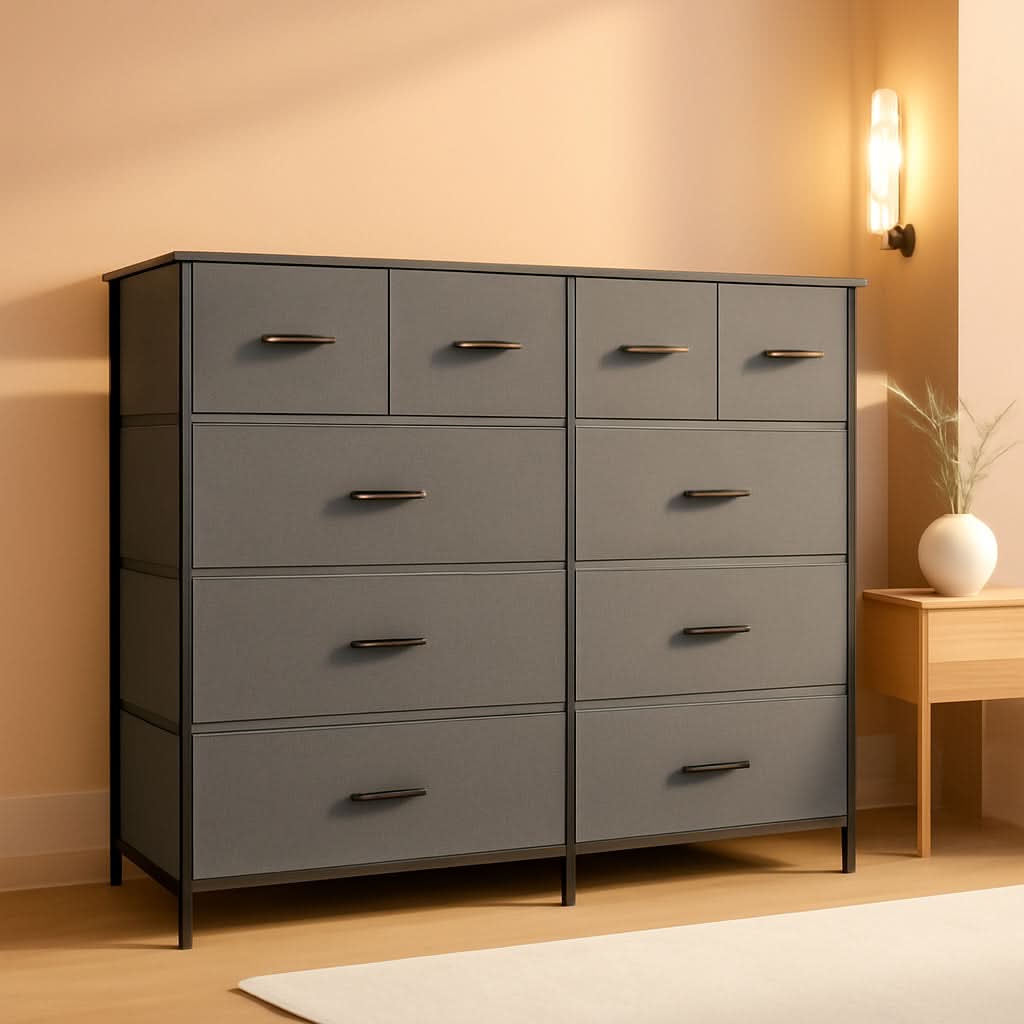 Dark Grey Fabric Dresser With 10 Drawers For Bedroom