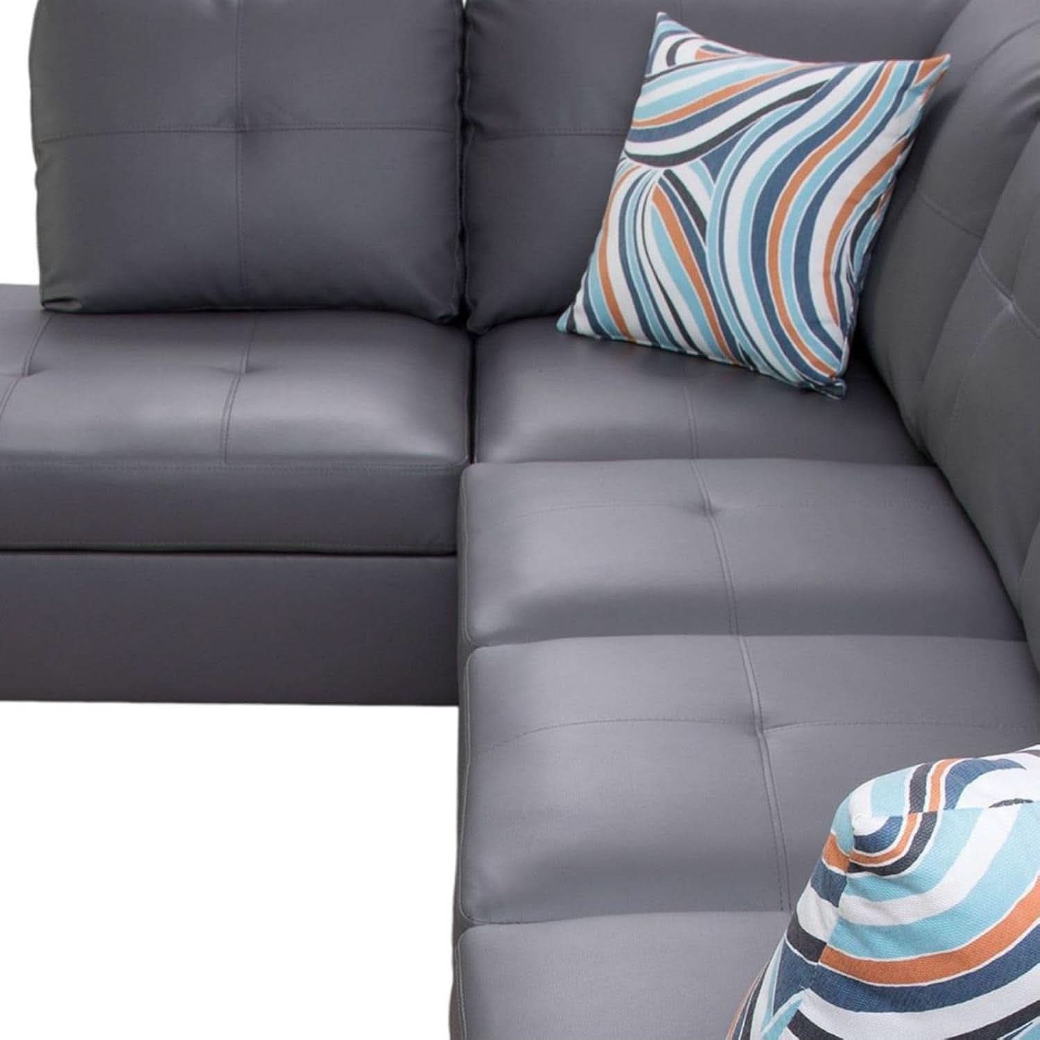 Dark Grey L Shaped PU Leather Sofa With Storage Ottoman