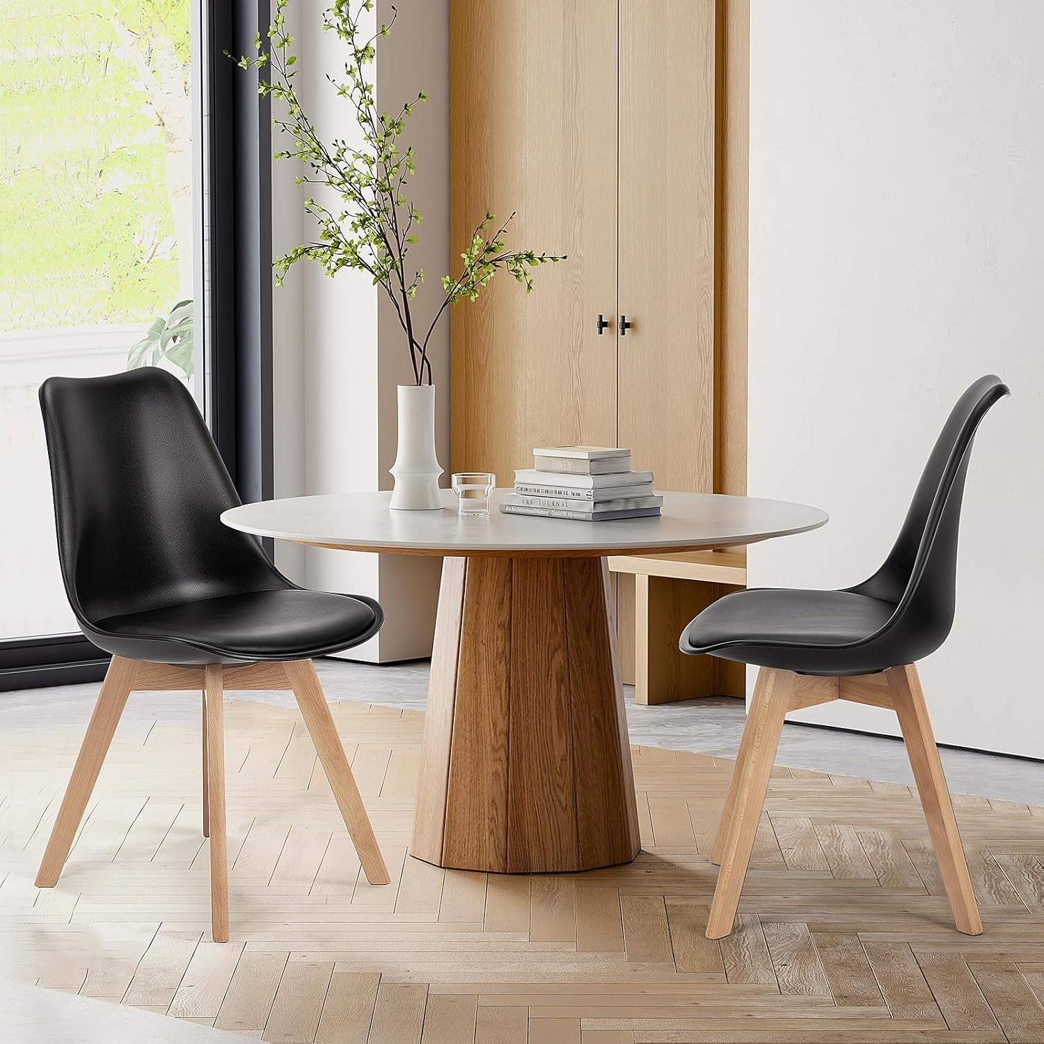Dining Chairs 4 Pack PU Leather Upholstered Black Wood Legs