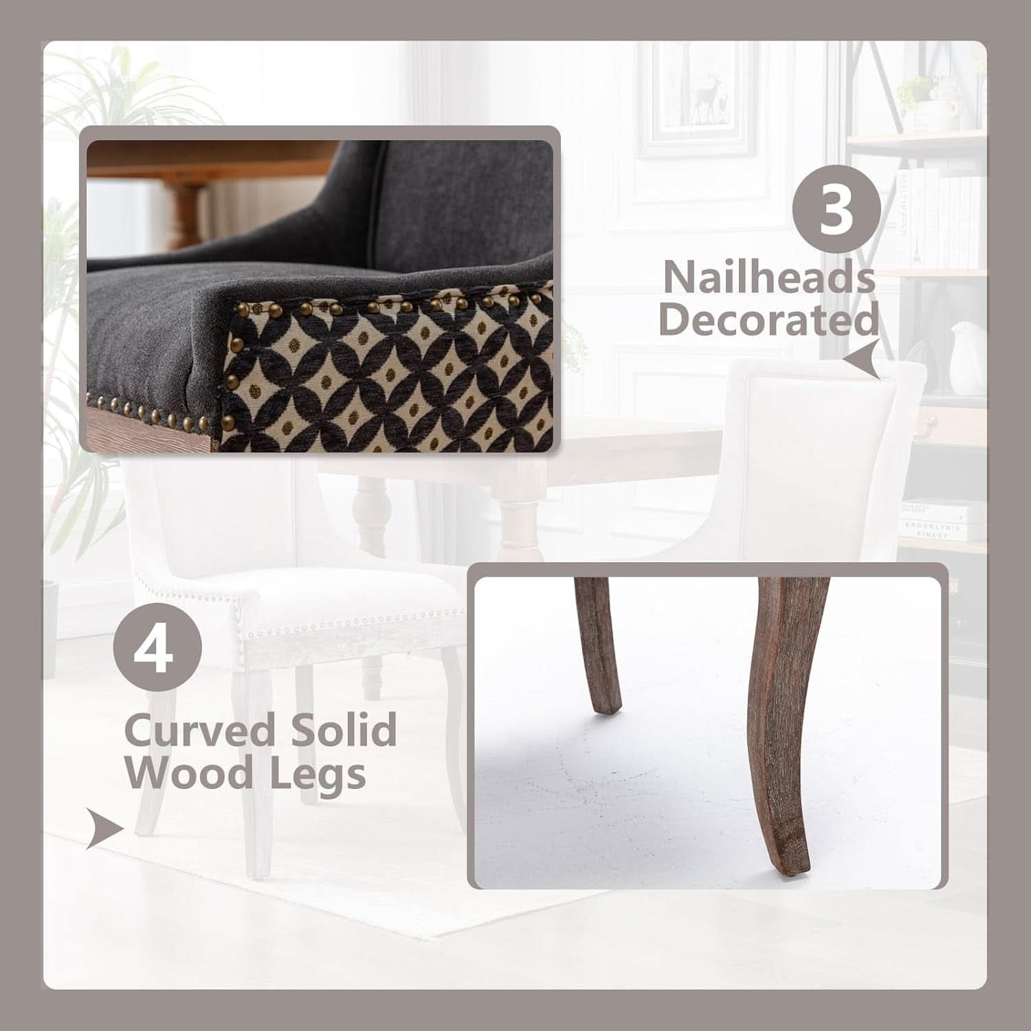 Dining Chairs Set Of 2 High Back Upholstered Fabric With Solid Wood Legs