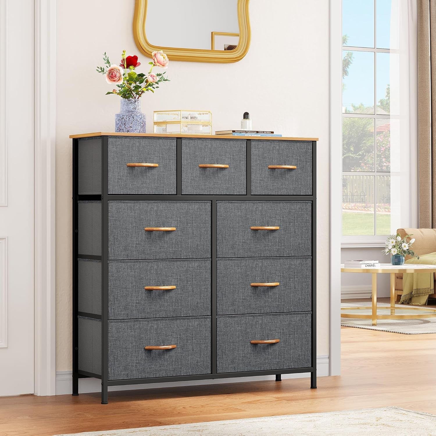 Dresser With 9 Drawers Dark Grey Fabric Storage Chest