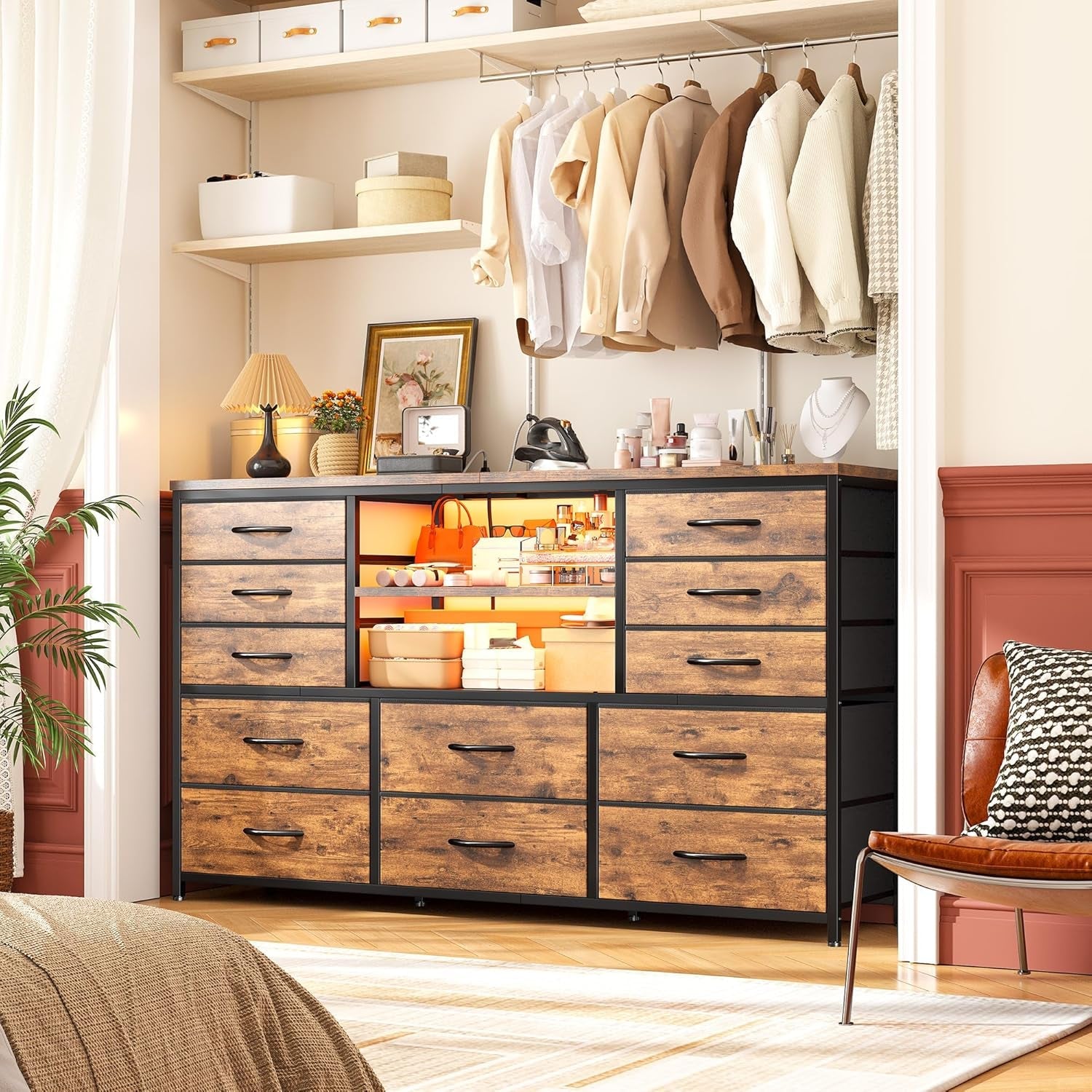 Dresser With LED Lights And Power Outlets 12 Fabric Drawers