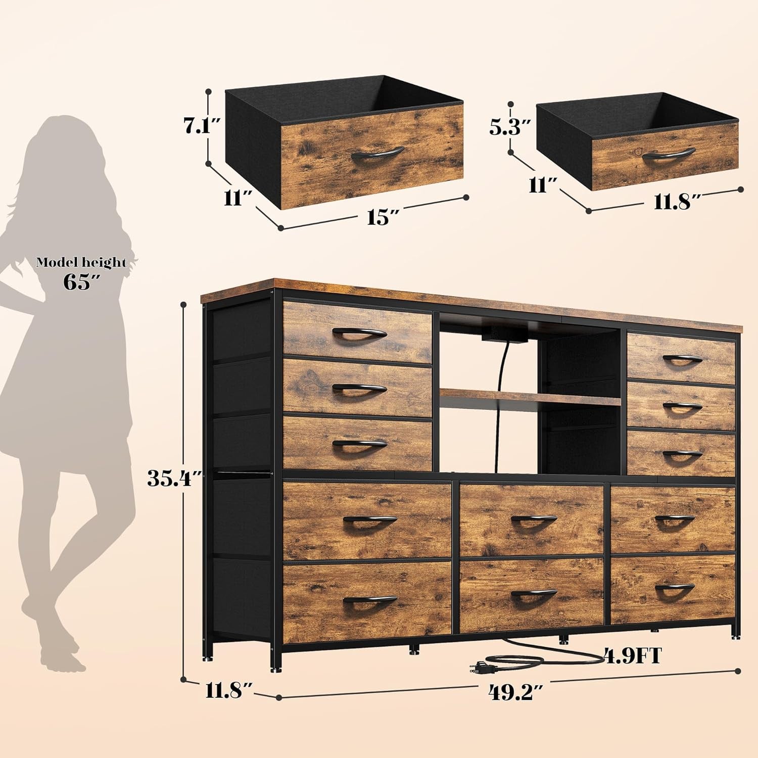 Dresser With LED Lights And Power Outlets 12 Fabric Drawers
