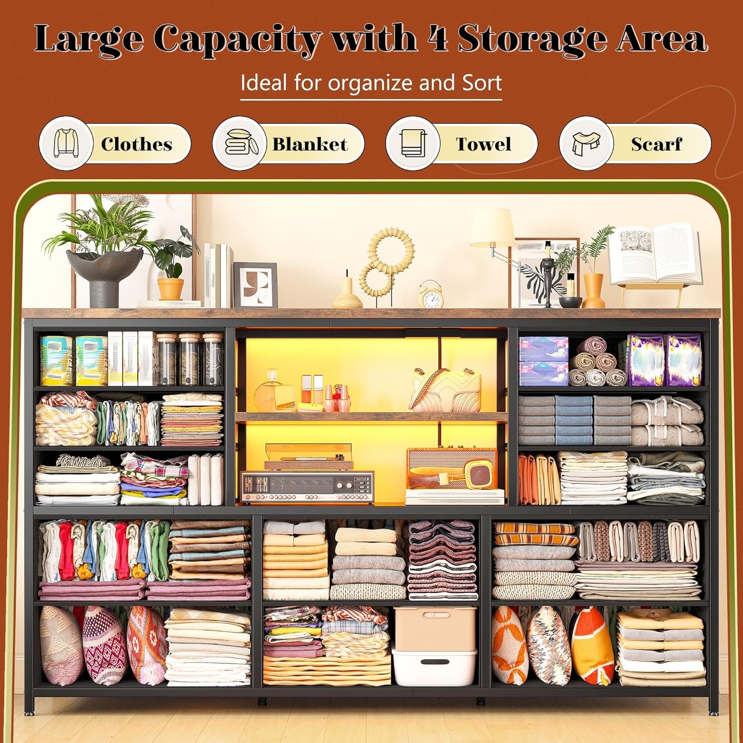 Dresser With LED Lights And Power Outlets 12 Fabric Drawers