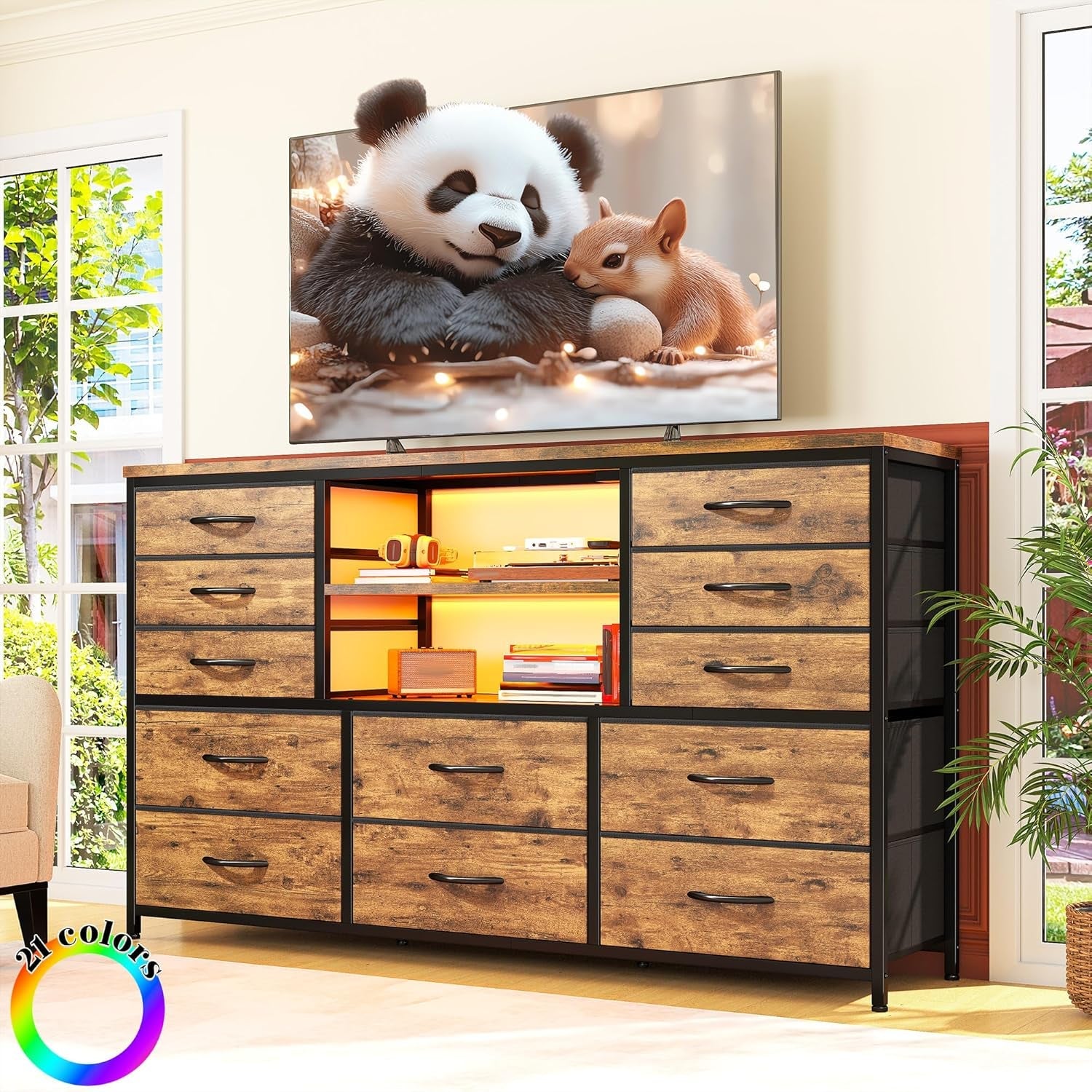 Dresser With LED Lights And Power Outlets 12 Fabric Drawers