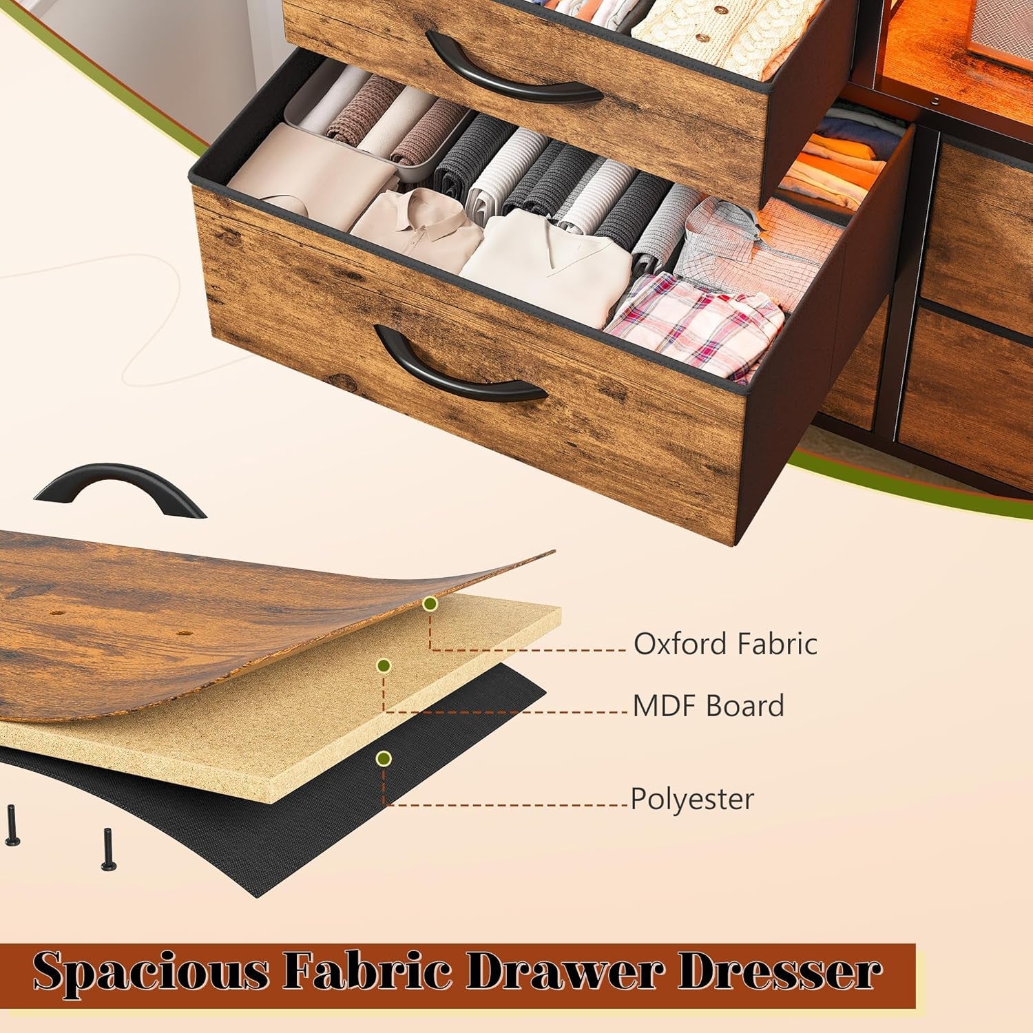 Dresser With LED Lights And Power Outlets 12 Fabric Drawers