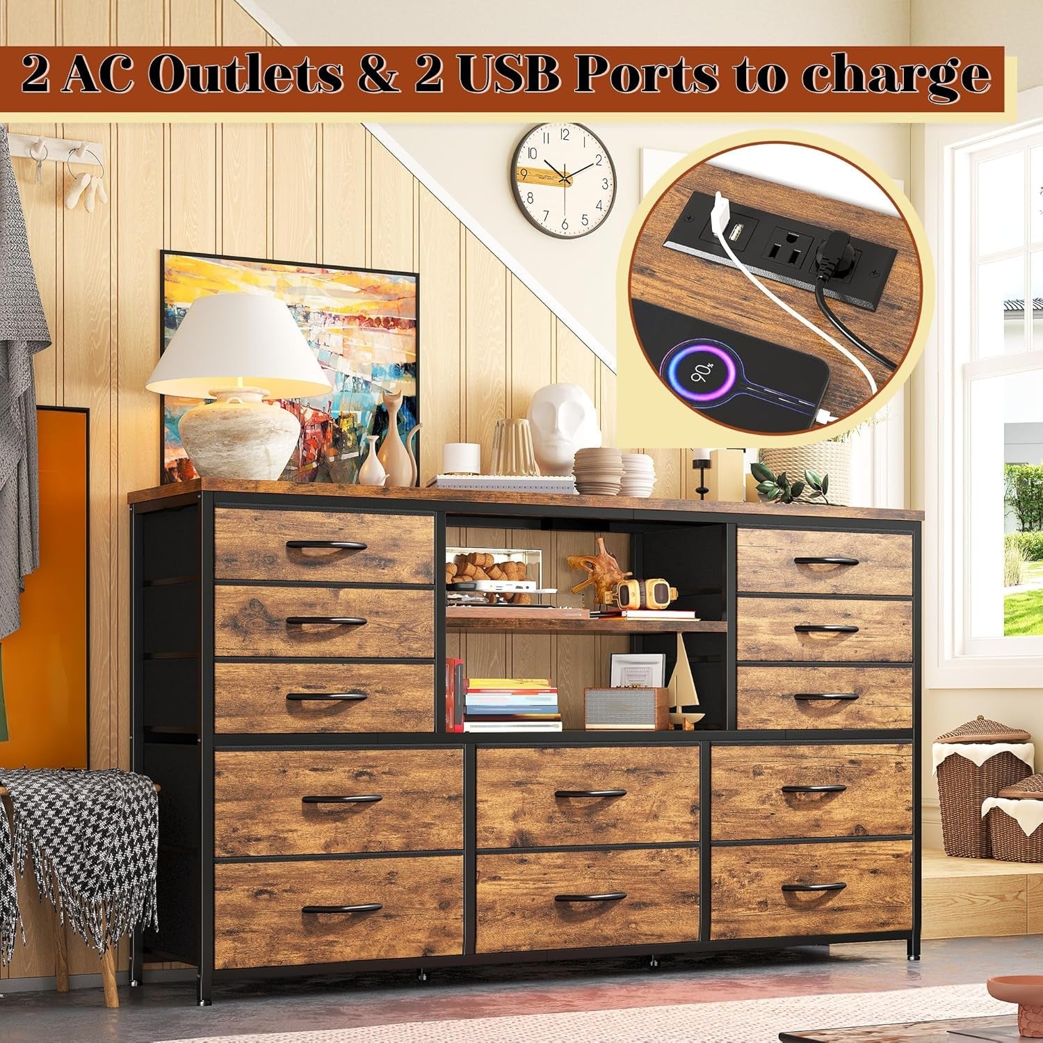 Dresser With LED Lights And Power Outlets 12 Fabric Drawers