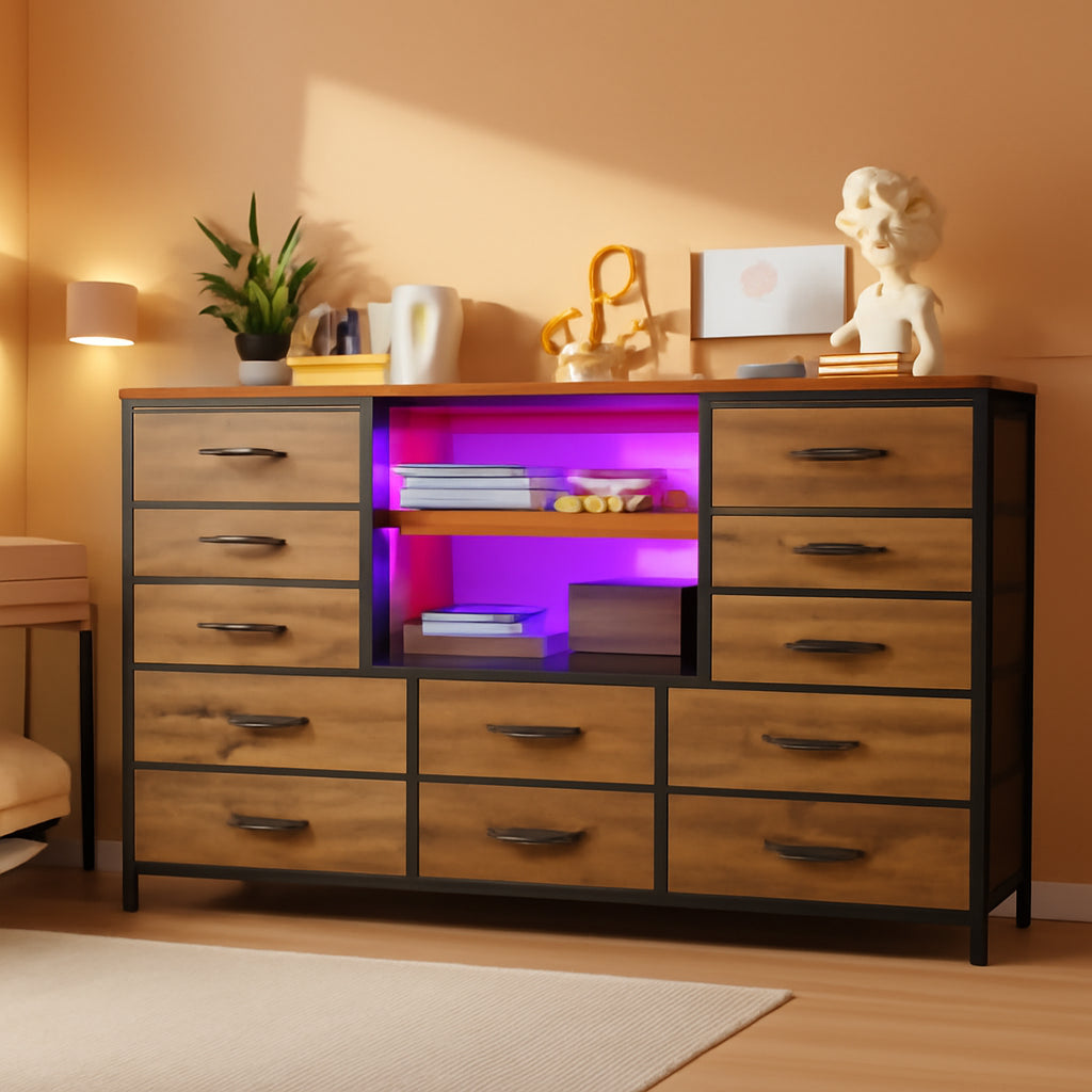Dresser With LED Lights And Power Outlets 12 Fabric Drawers