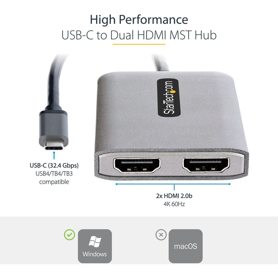 Dual Hdmi Mst Hub 4K 60Hz,Usb-C Multi-Monitor Adapter