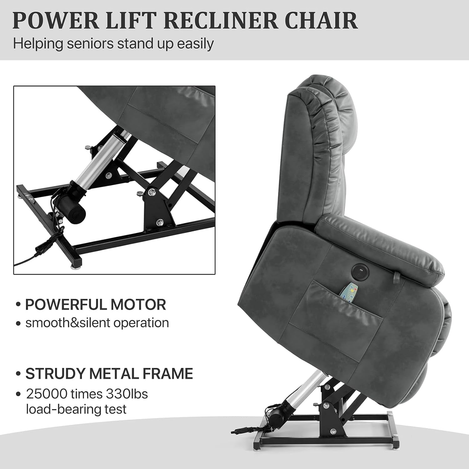 Dual Motor Lift Recliner Chair Gray With Heat Unit