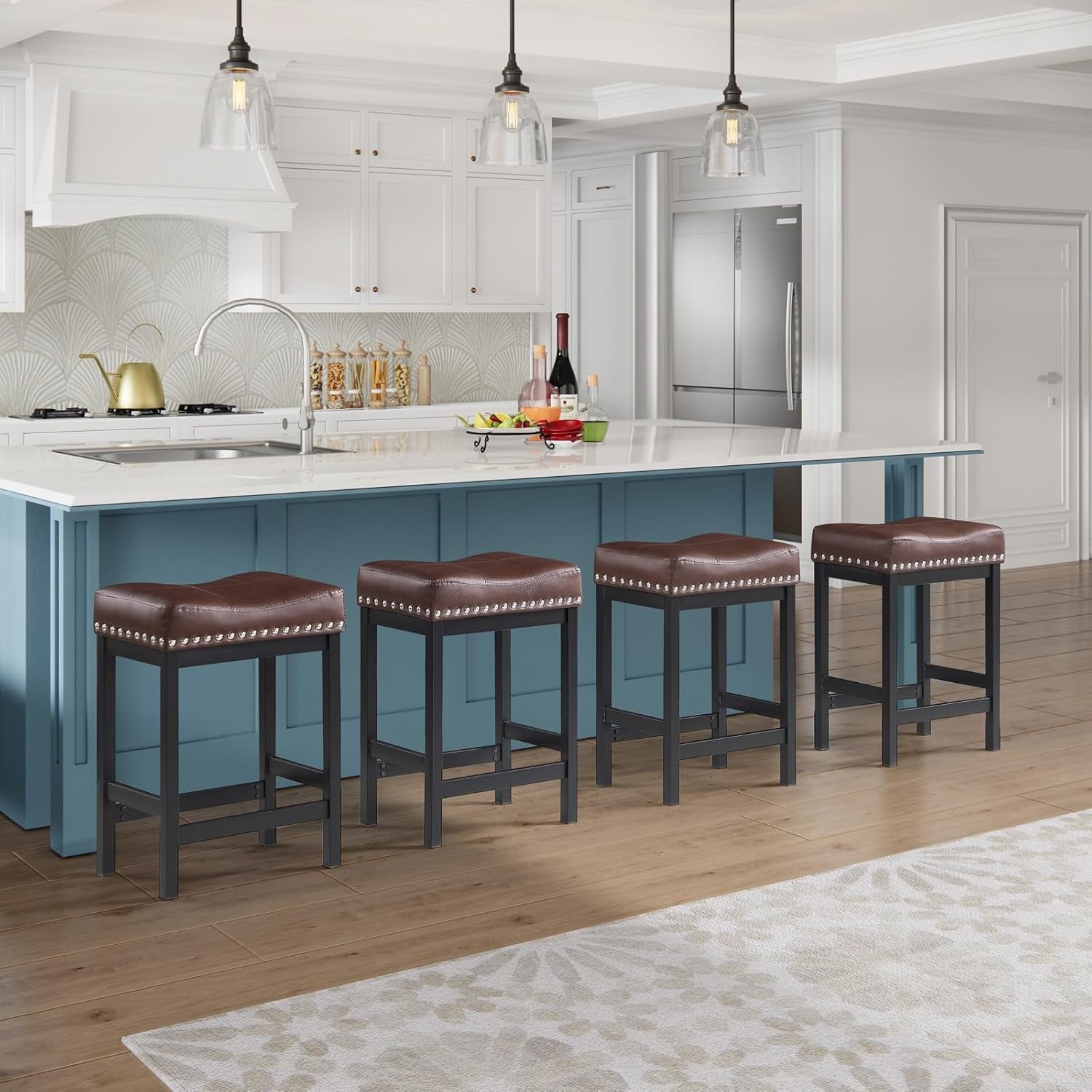 Durable Brown Pu Leather Bar Stools Set of Two