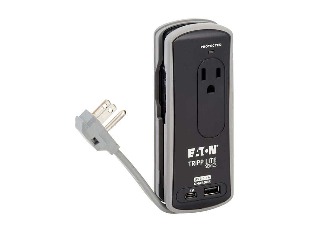 Eaton Tripp Lite Series Protect It! Travel-Size Surge Protector 2-Outlet 5-15R Outlets USB-C and USB-A Ports 5-15P Input Black TRAVELER3USBC