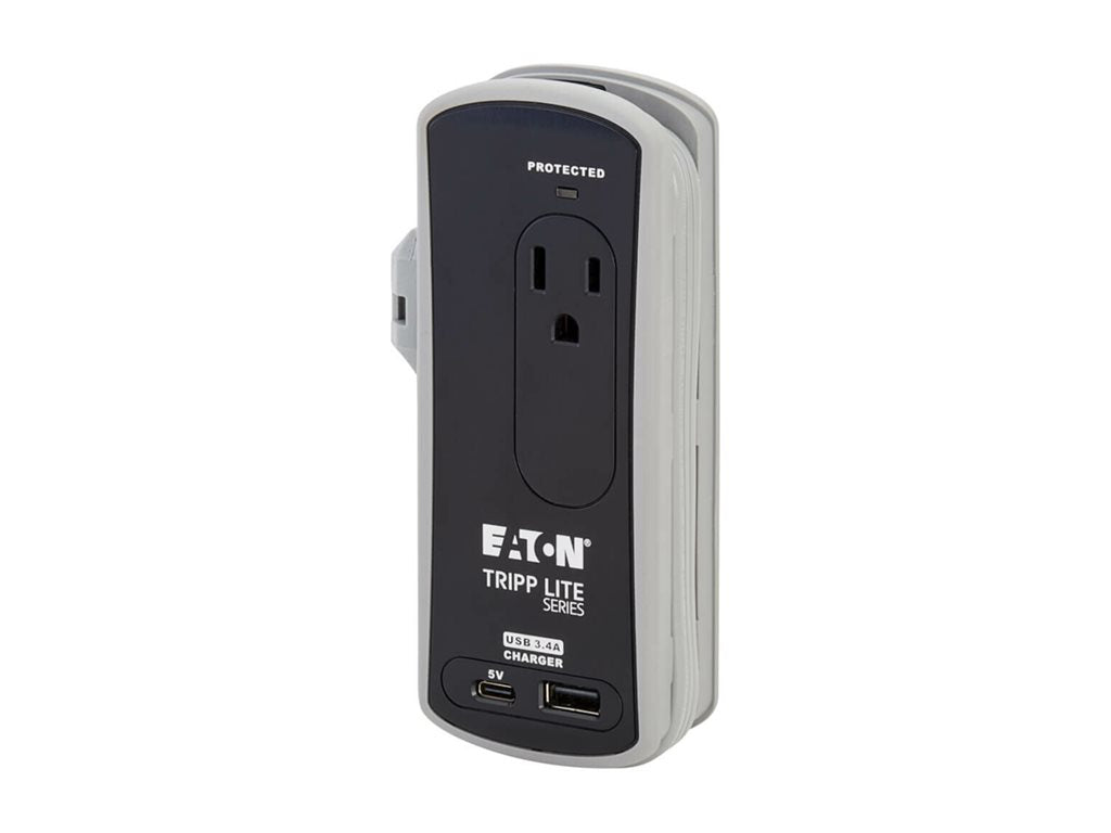 Eaton Tripp Lite Series Protect It! Travel-Size Surge Protector 2-Outlet 5-15R Outlets USB-C and USB-A Ports 5-15P Input Black TRAVELER3USBC