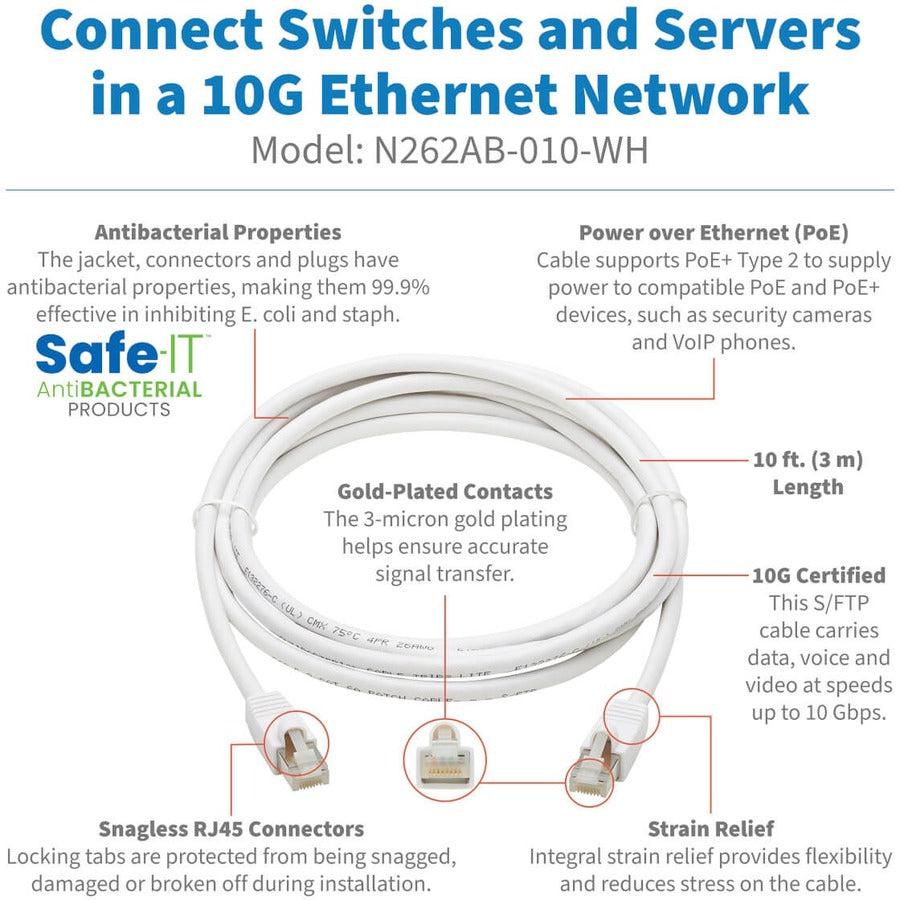 Eaton Tripp Lite Series Safe-IT Cat6a 10G Snagless Antibacterial S/FTP Ethernet Cable (RJ45 M/M), PoE, White, 10 ft. (3.05 m), TAA N262AB-010-WH