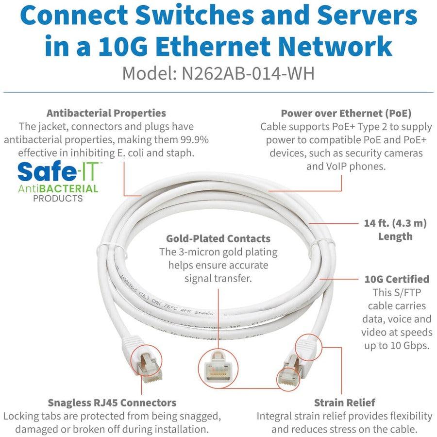 Eaton Tripp Lite Series Safe-IT Cat6a 10G Snagless Antibacterial S/FTP Ethernet Cable (RJ45 M/M), PoE, White, 14 ft. (4.27 m), TAA N262AB-014-WH