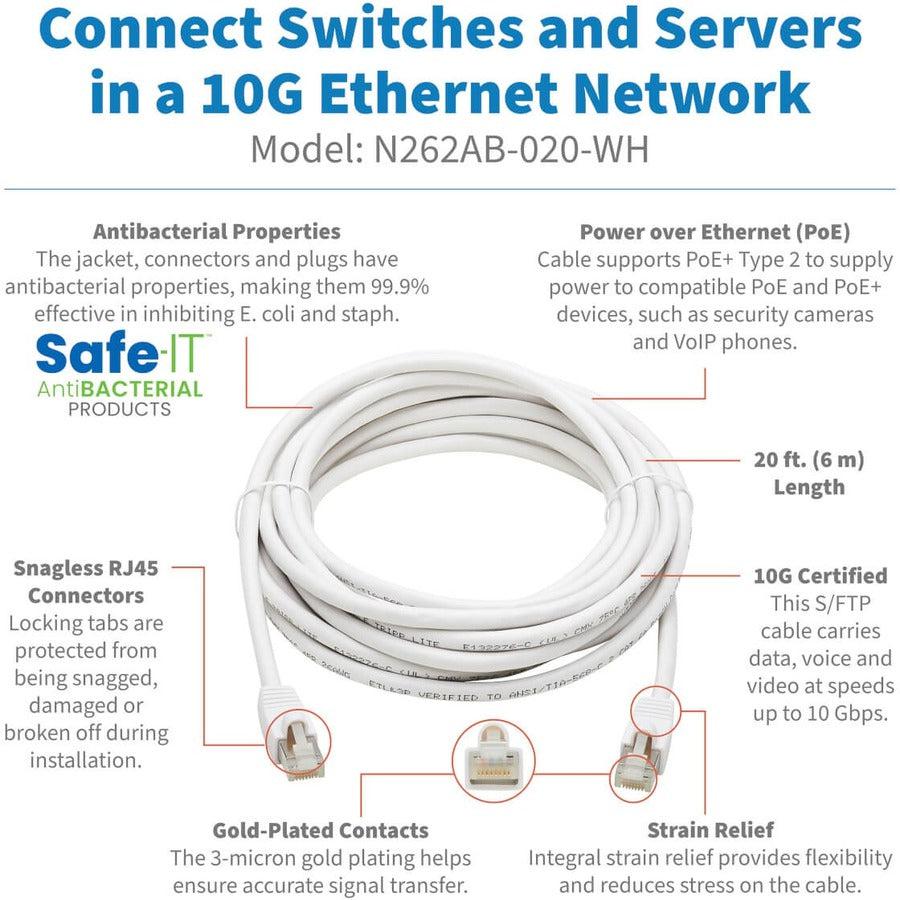 Eaton Tripp Lite Series Safe-IT Cat6a 10G Snagless Antibacterial S/FTP Ethernet Cable (RJ45 M/M), PoE, White, 20 ft. (6.09 m), TAA N262AB-020-WH
