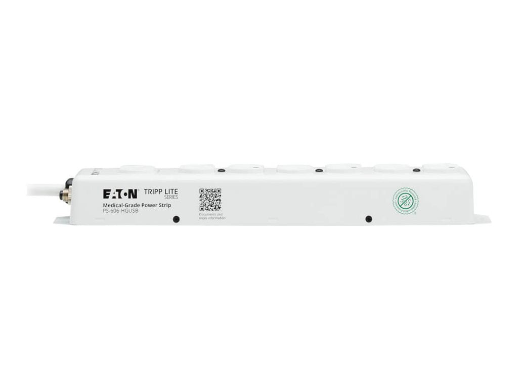 Eaton Tripp Lite Series UL 1363 Medical-Grade Power Strip, 6 Hospital-Grade Outlets, USB Charging, Safety Covers, Antimicrobial, PS-606-HGUSB
