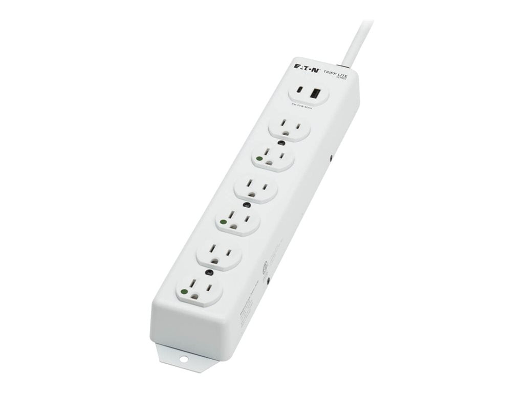 Eaton Tripp Lite Series UL 1363 Medical-Grade Power Strip, 6 Hospital-Grade Outlets, USB Charging, Safety Covers, Antimicrobial, PS-606-HGUSB