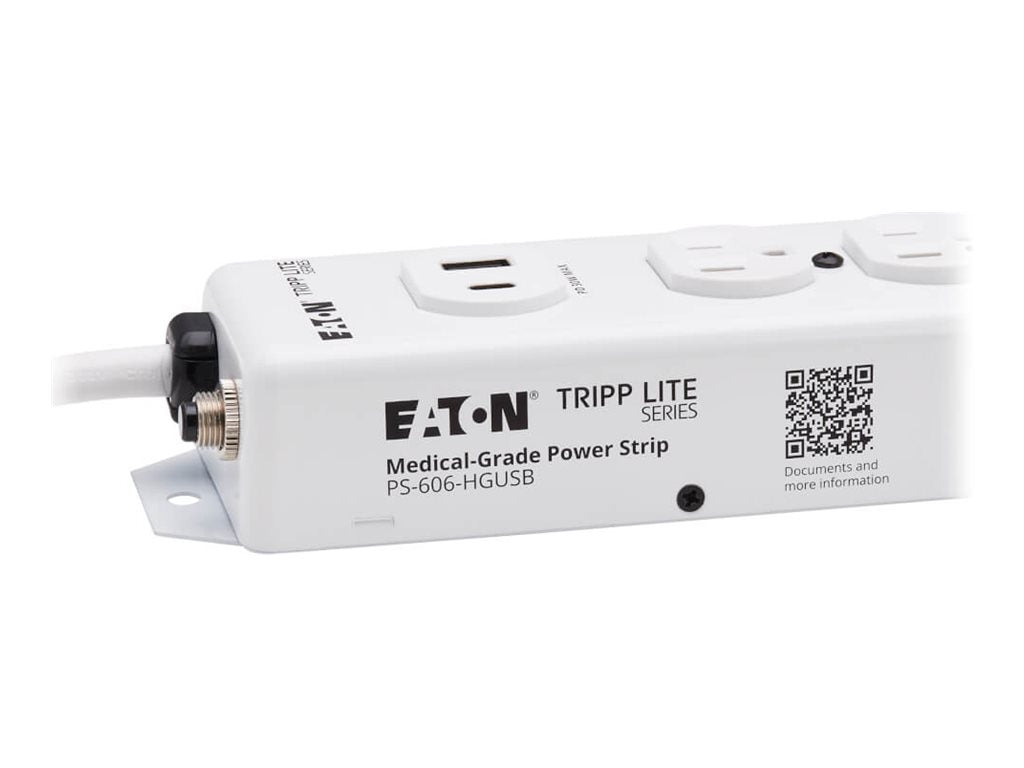 Eaton Tripp Lite Series UL 1363 Medical-Grade Power Strip, 6 Hospital-Grade Outlets, USB Charging, Safety Covers, Antimicrobial, PS-606-HGUSB