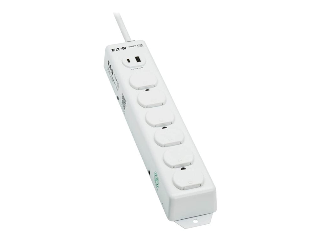 Eaton Tripp Lite Series UL 1363 Medical-Grade Power Strip, 6 Hospital-Grade Outlets, USB Charging, Safety Covers, Antimicrobial, PS-606-HGUSB