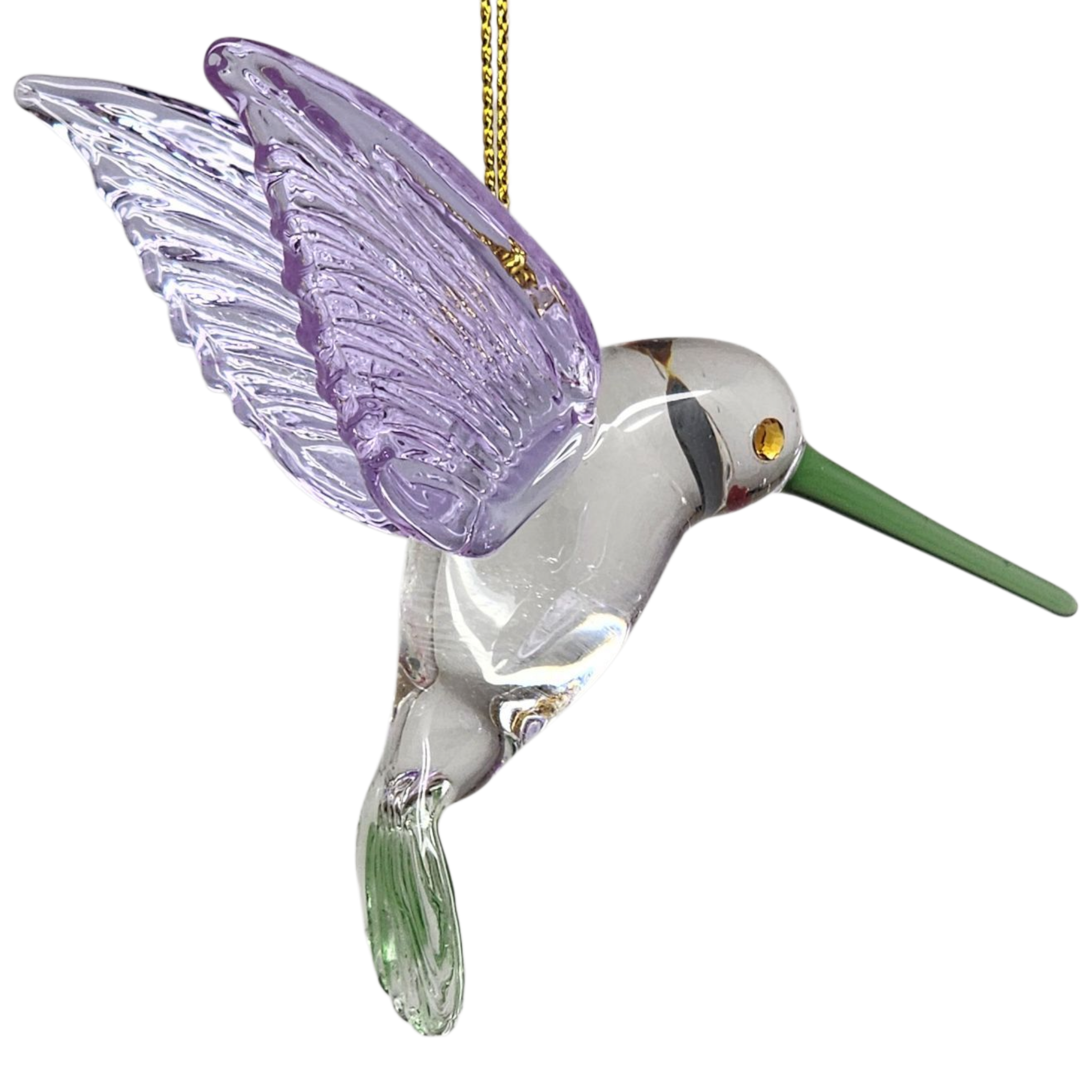 Egyptian Glass Hummingbird Ornament - Purple Wings / Green Tail / Green Beak
