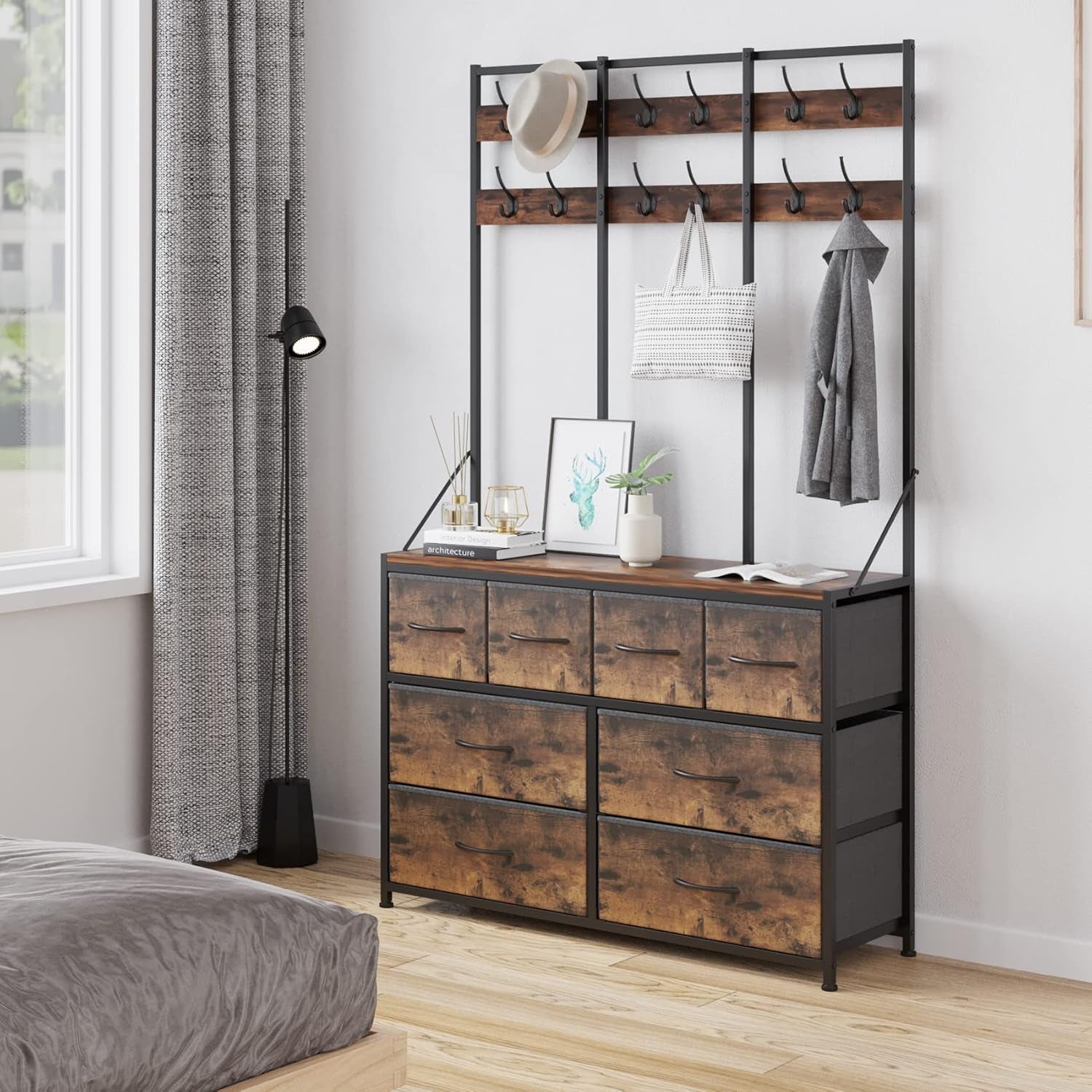 Eight Drawer Dresser With Textile Drawers Walnut Finish