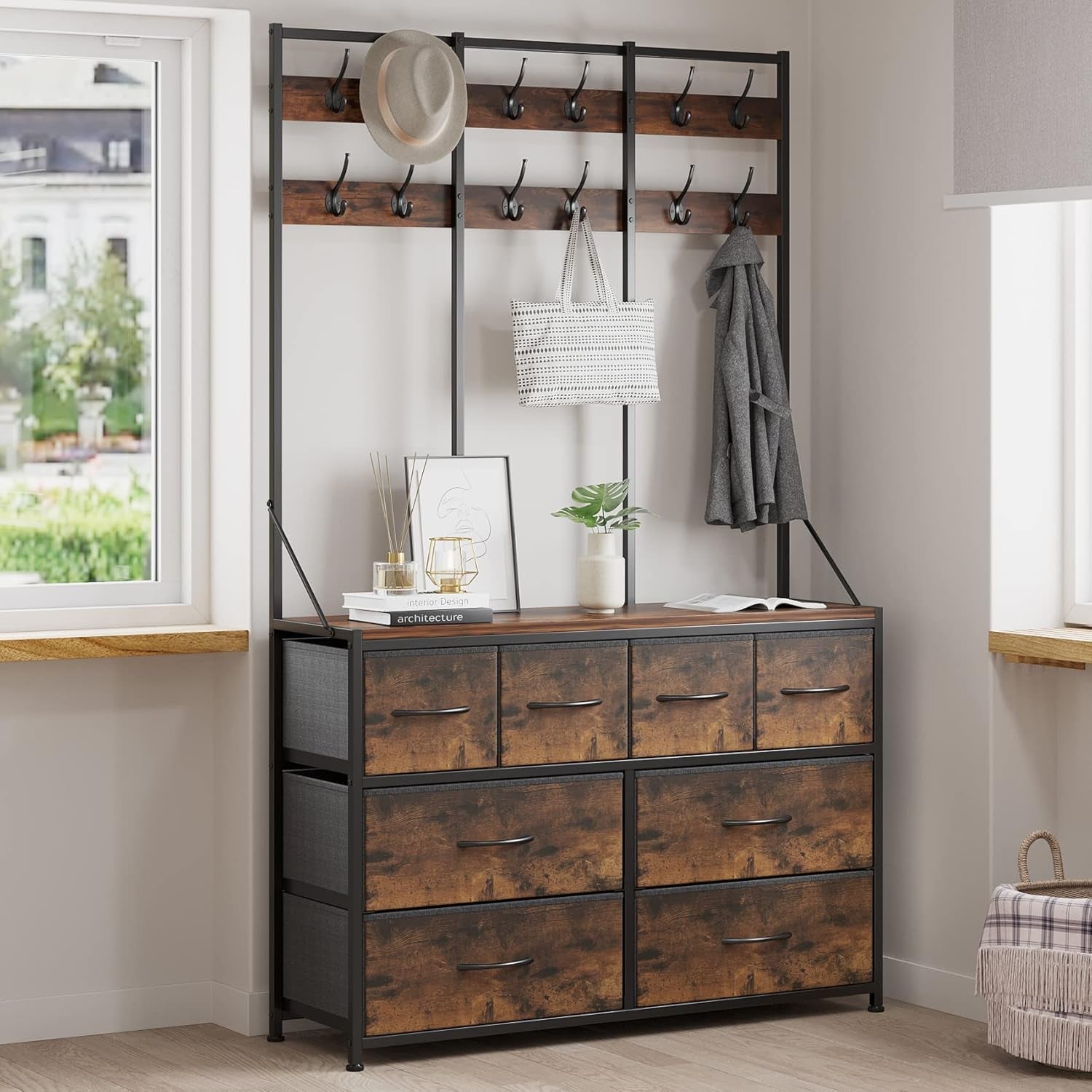 Eight Drawer Dresser With Textile Drawers Walnut Finish