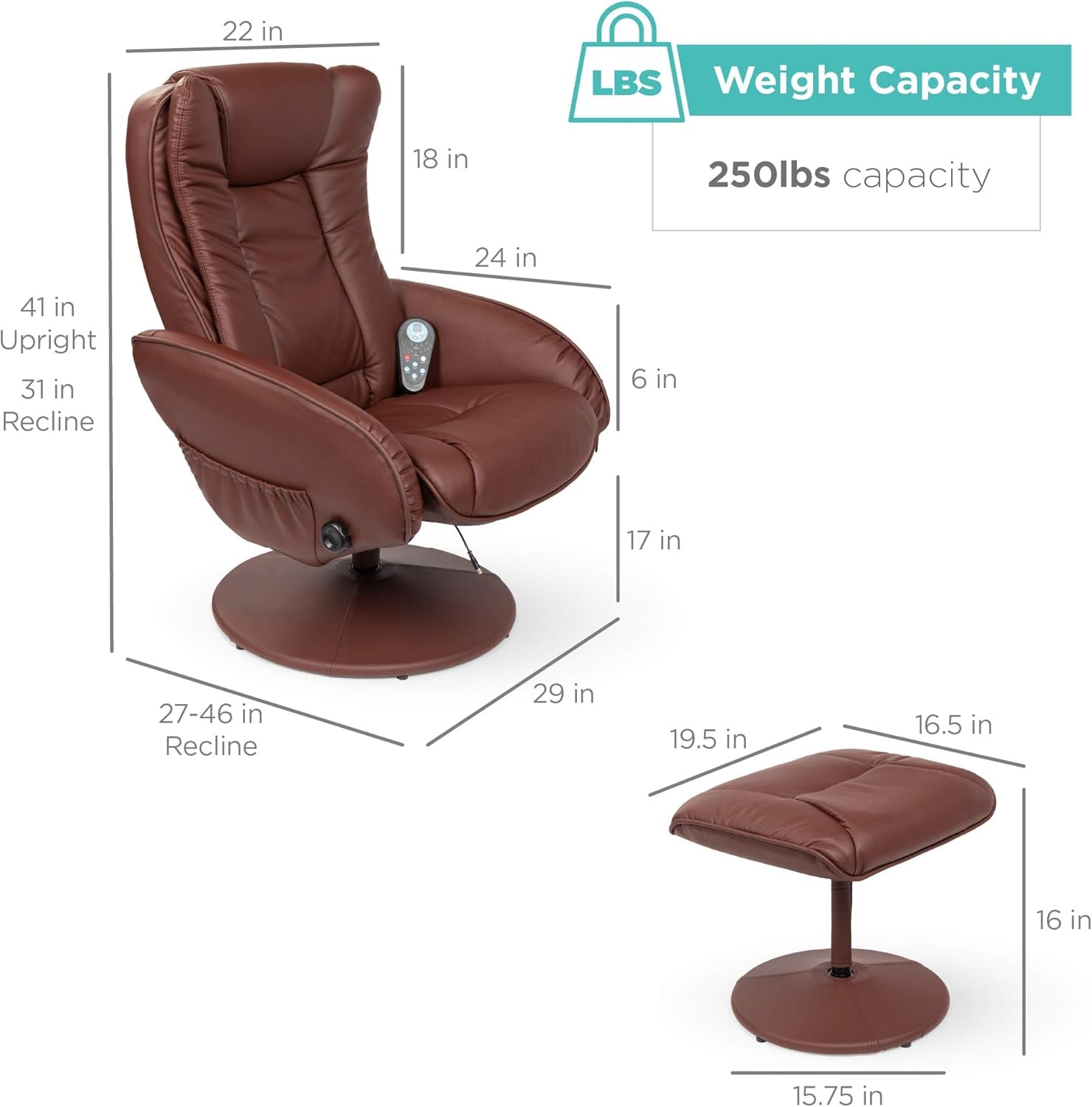 Electric Massage Recliner With Ottoman Footrest Brown