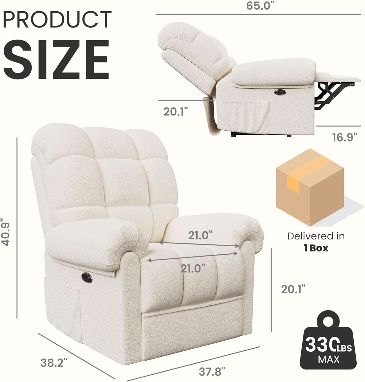 Electric Recliner Chair For Adults With USB Port And Teddy Fleece Beige White For Living Room