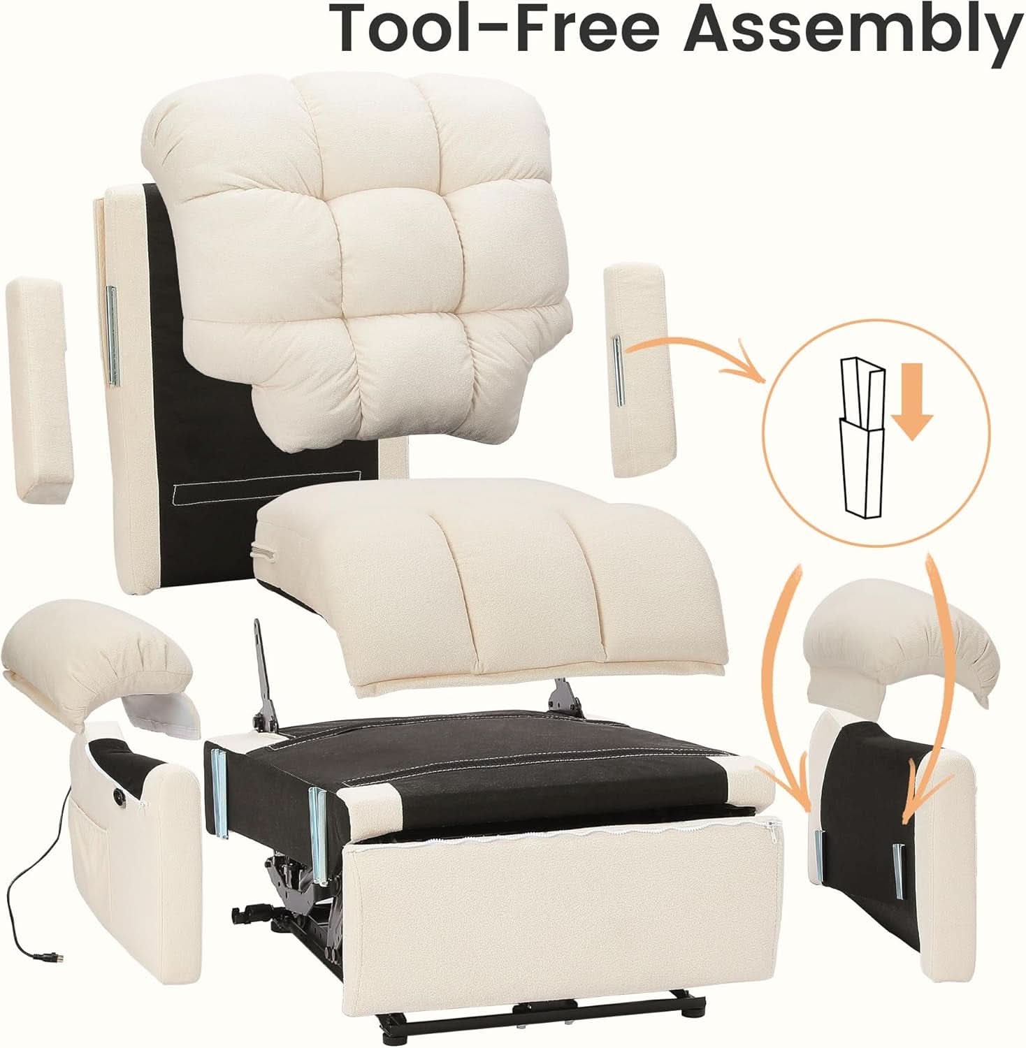 Electric Recliner Chair For Adults With USB Port And Teddy Fleece Beige White For Living Room