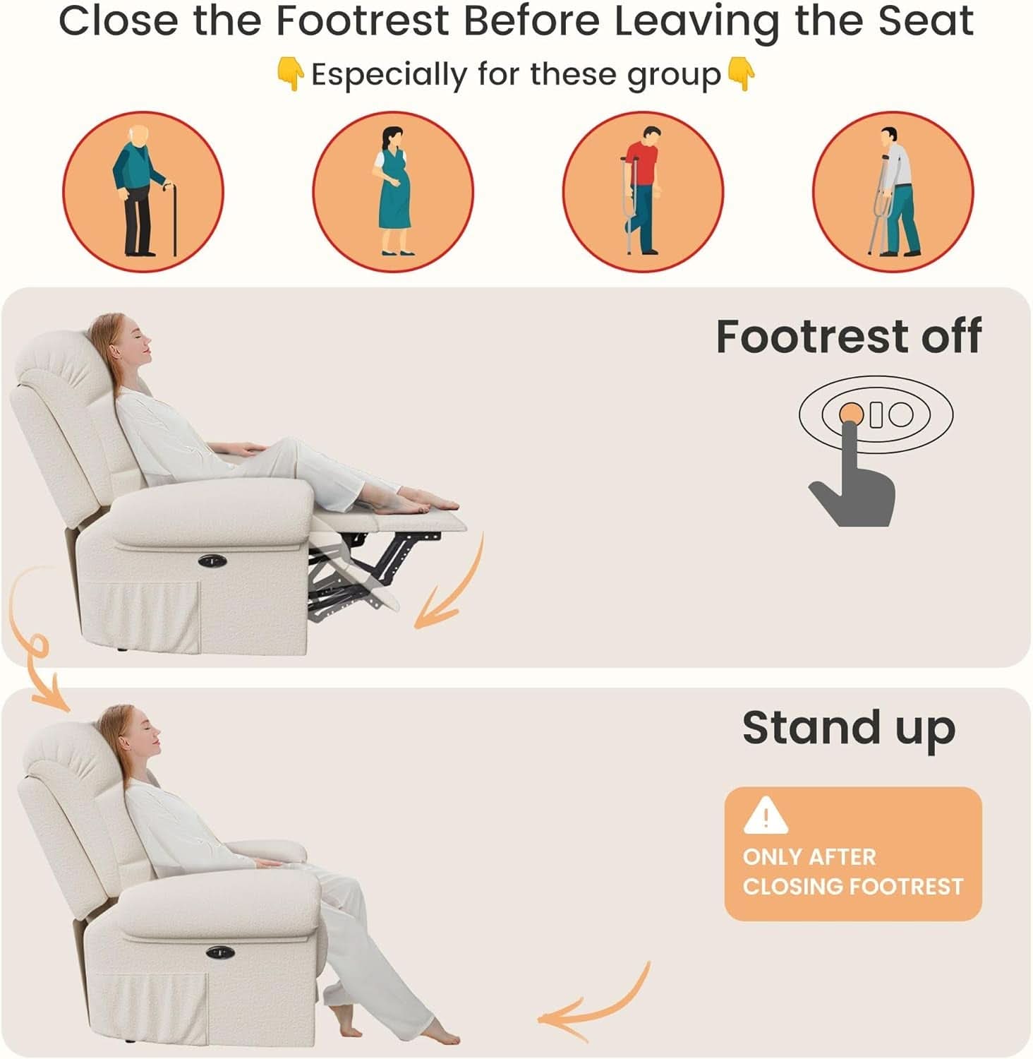 Electric Recliner Chair For Adults With USB Port And Teddy Fleece Beige White For Living Room