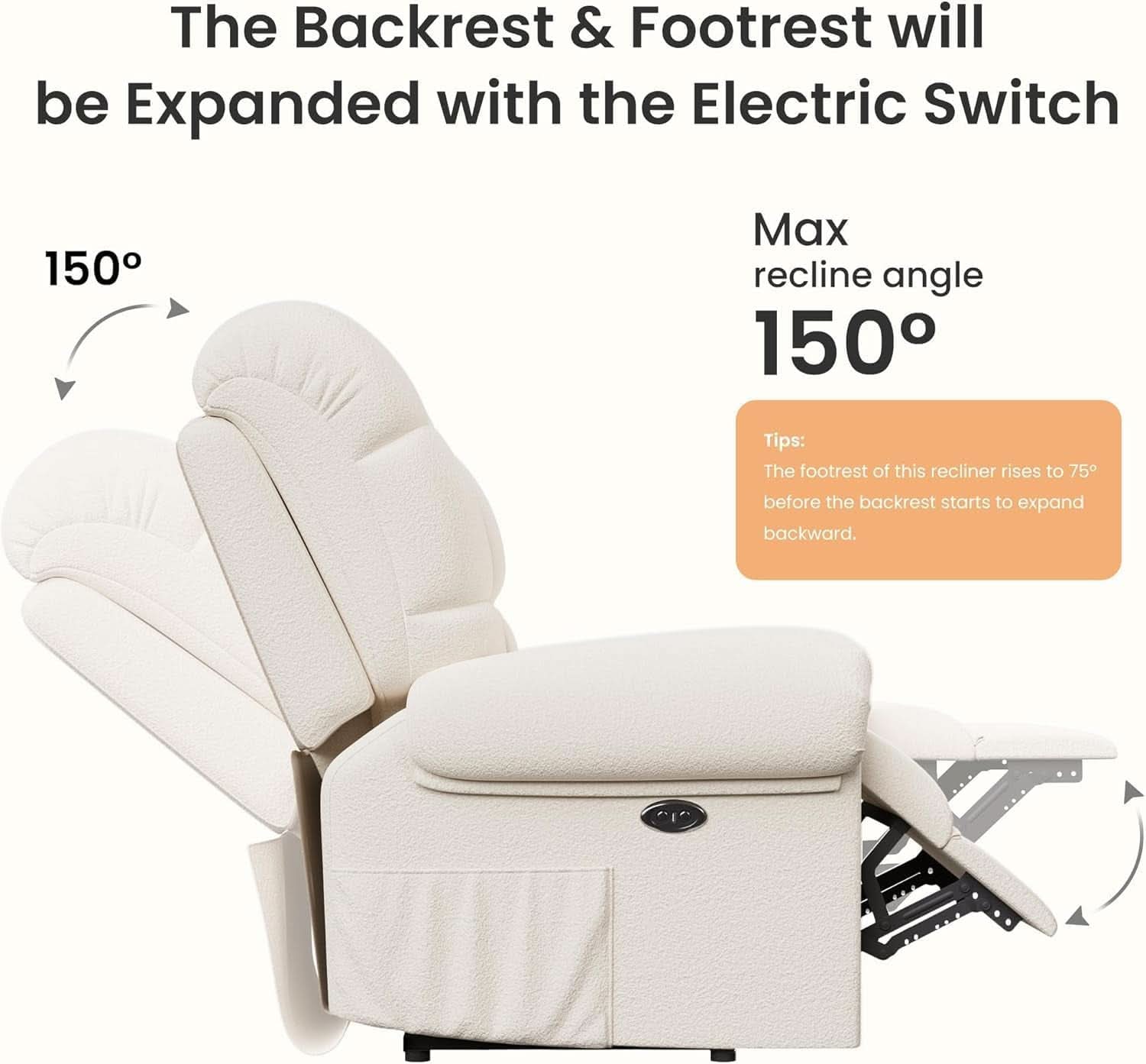 Electric Recliner Chair For Adults With USB Port And Teddy Fleece Beige White For Living Room