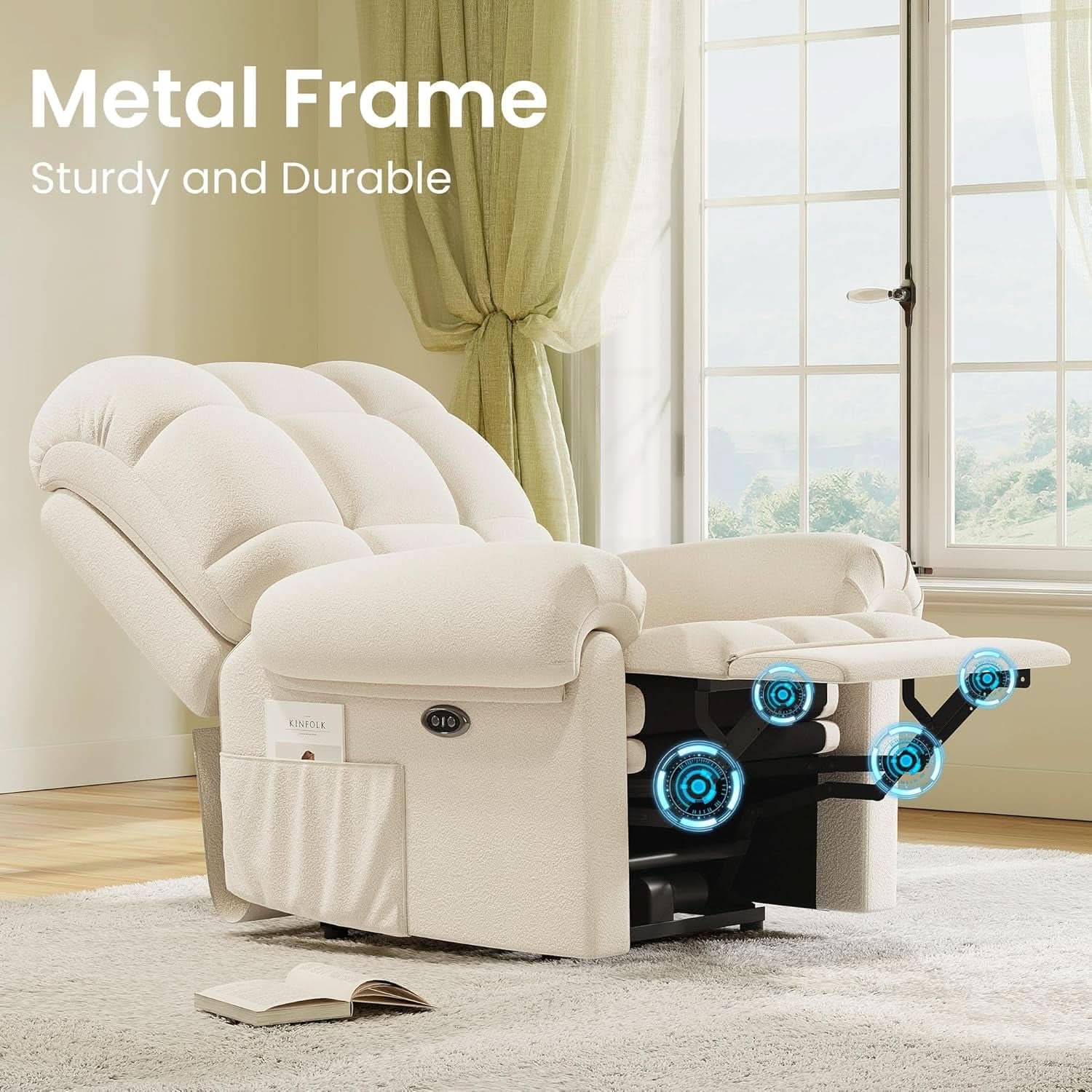 Electric Recliner Chair For Adults With USB Port And Teddy Fleece Beige White For Living Room