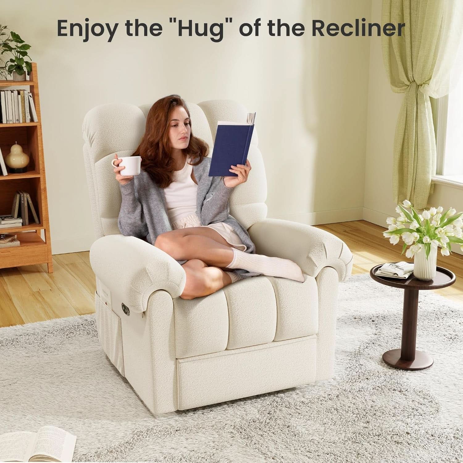 Electric Recliner Chair For Adults With USB Port And Teddy Fleece Beige White For Living Room